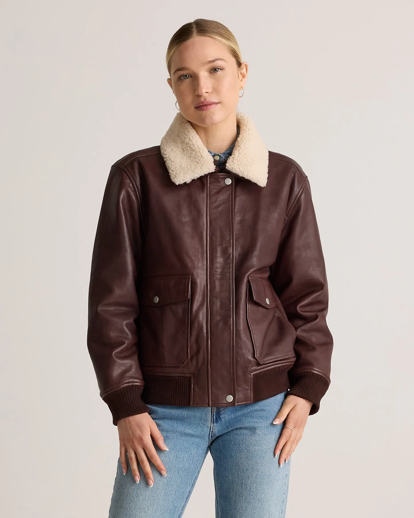 100% Leather Shearling Trim Aviator Jacket