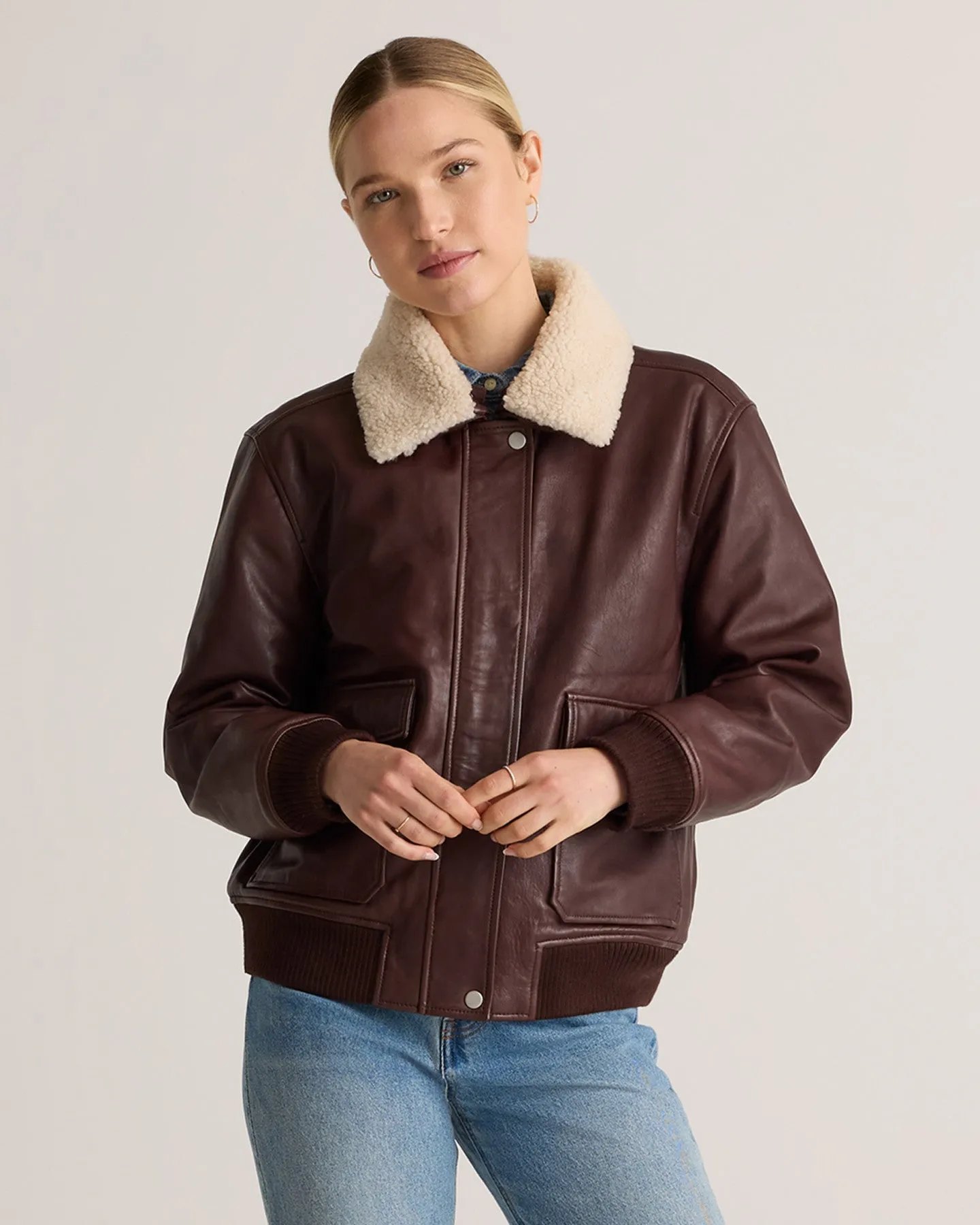 100% Leather Shearling Trim Aviator Jacket