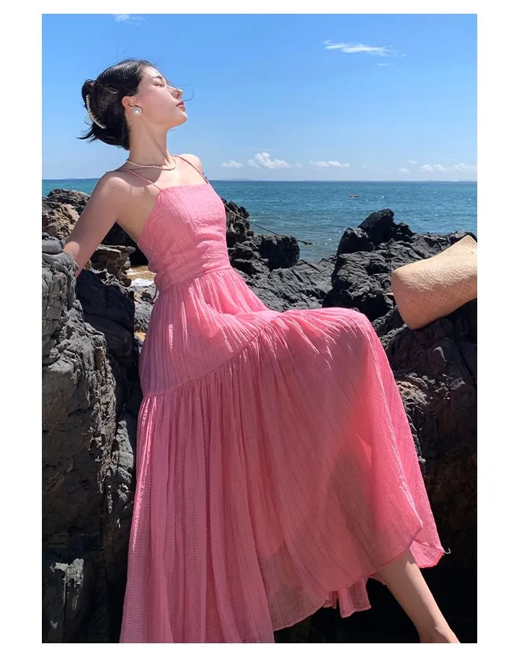 A-Line Dress Maxi Textured Strap Spaghetti Plain