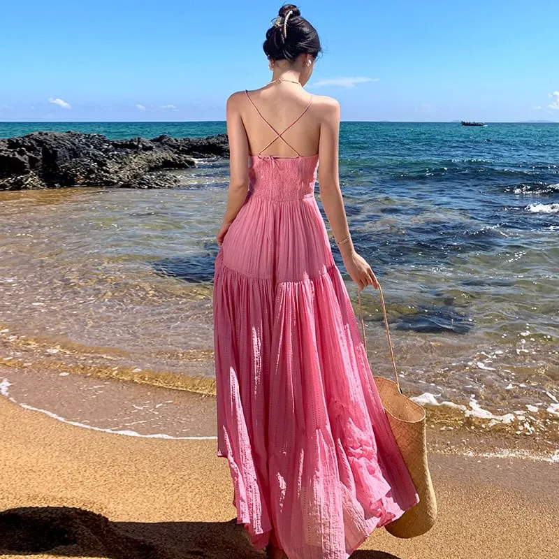 A-Line Dress Maxi Textured Strap Spaghetti Plain