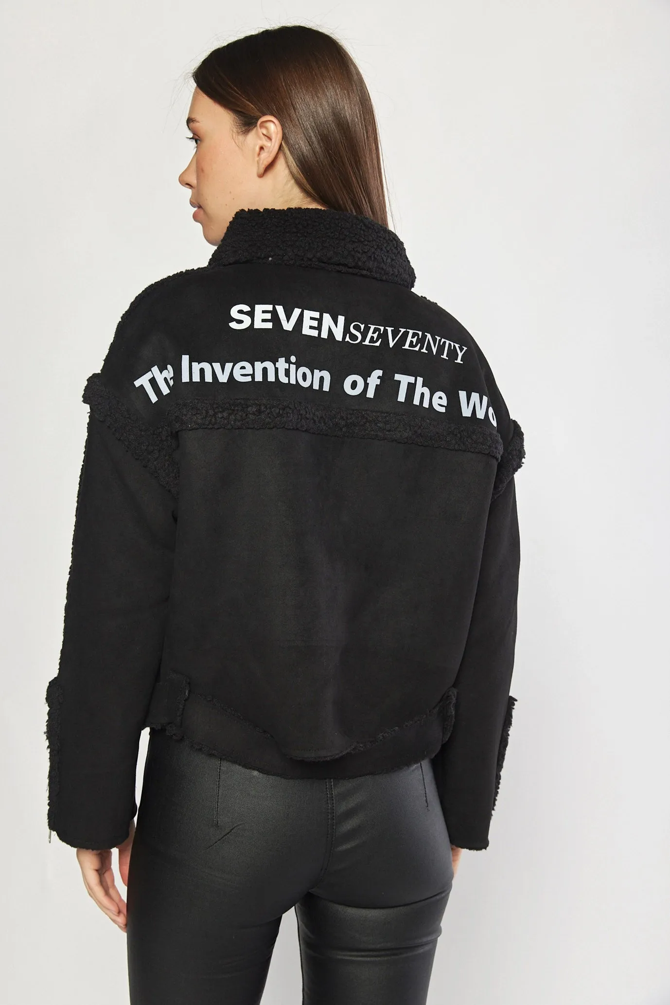 Black faux suede and shearling biker jacket | MELANA JACKET