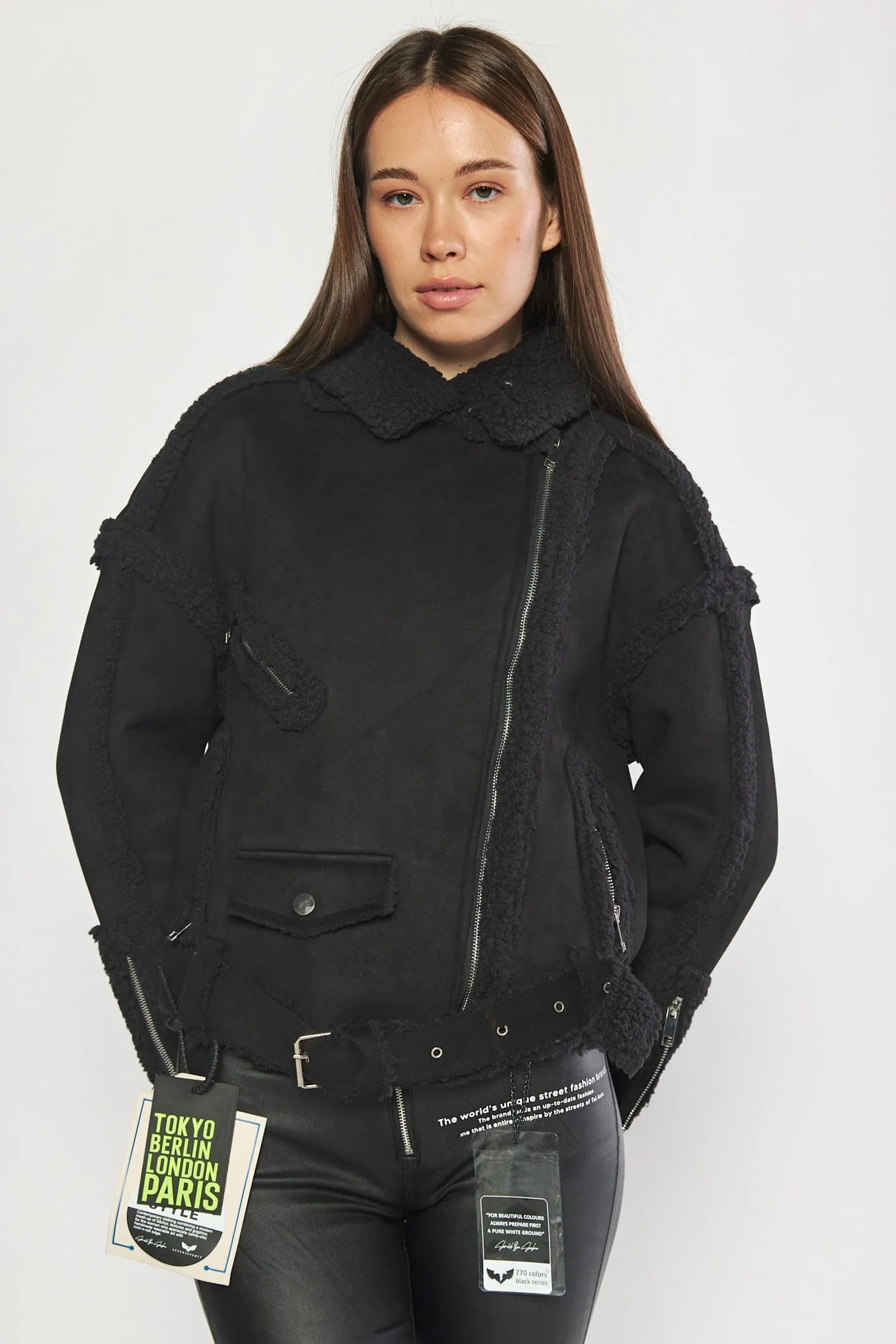 Black faux suede and shearling biker jacket | MELANA JACKET