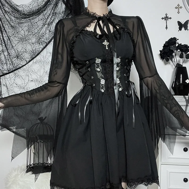 Flytonn-Fall Outfits Women Outwear Streetwear  pretty halloween costumes Cf194 Dark Style Short See-through Top Women's Lace Stitching Lace-up Burnt-out Cuff Blouse