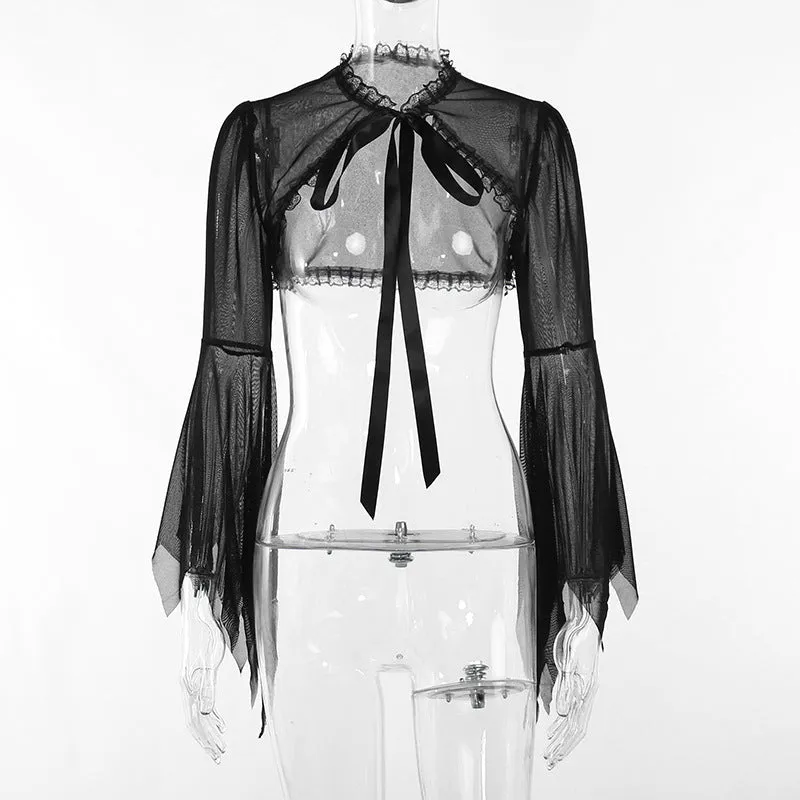 Flytonn-Fall Outfits Women Outwear Streetwear  pretty halloween costumes Cf194 Dark Style Short See-through Top Women's Lace Stitching Lace-up Burnt-out Cuff Blouse