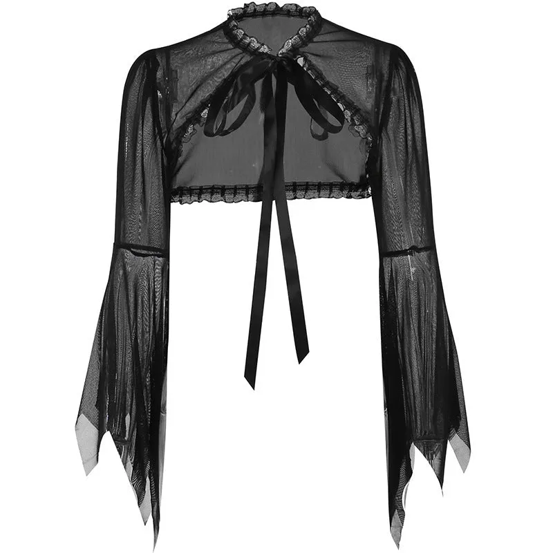 Flytonn-Fall Outfits Women Outwear Streetwear  pretty halloween costumes Cf194 Dark Style Short See-through Top Women's Lace Stitching Lace-up Burnt-out Cuff Blouse