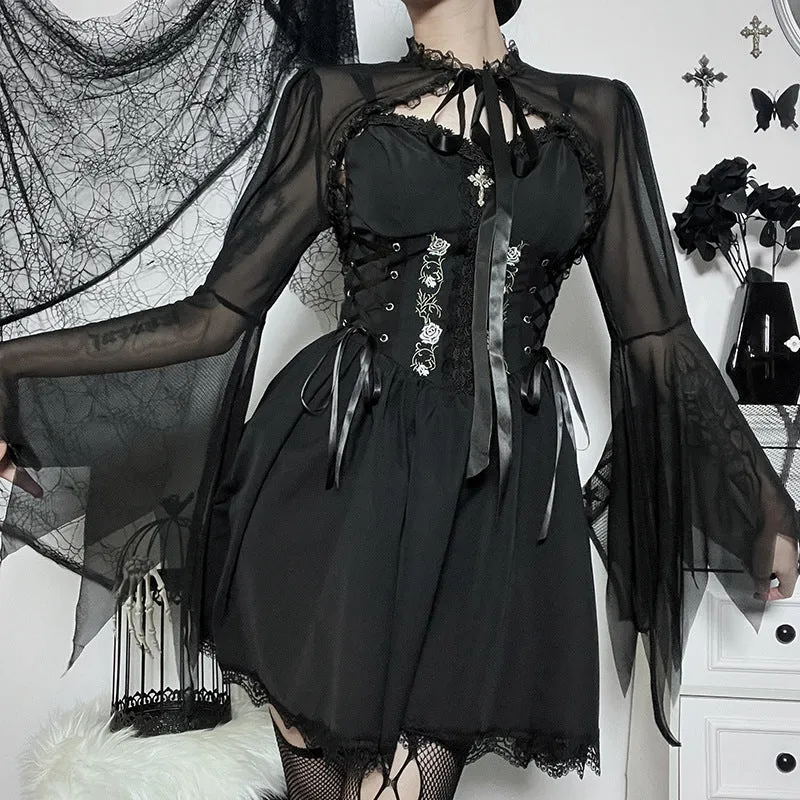 Flytonn-Fall Outfits Women Outwear Streetwear  pretty halloween costumes Cf194 Dark Style Short See-through Top Women's Lace Stitching Lace-up Burnt-out Cuff Blouse