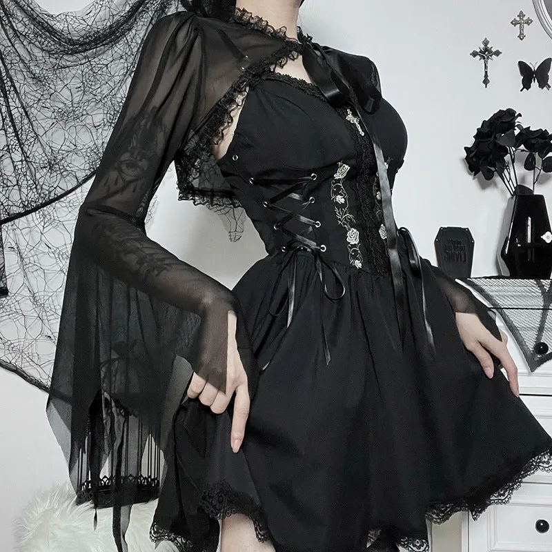 Flytonn-Fall Outfits Women Outwear Streetwear  pretty halloween costumes Cf194 Dark Style Short See-through Top Women's Lace Stitching Lace-up Burnt-out Cuff Blouse
