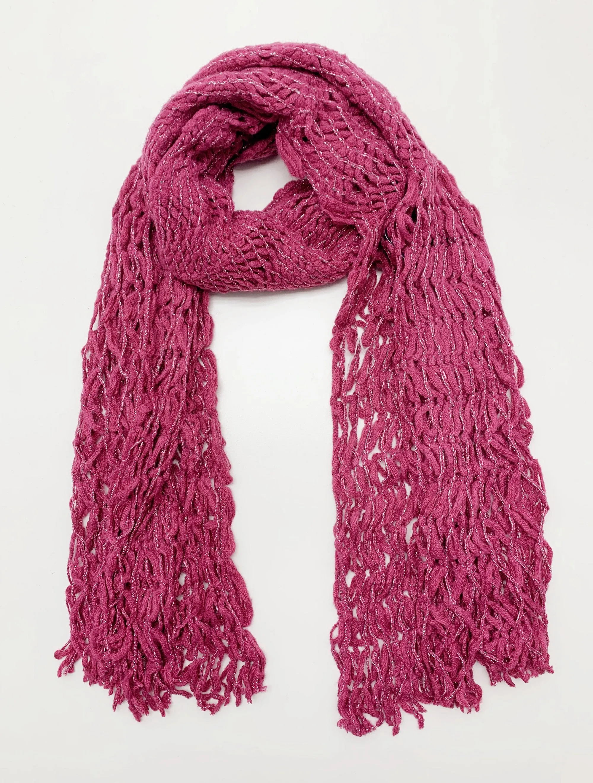 JC051801A Knitted Metallic Sparkle Fringe Scarf