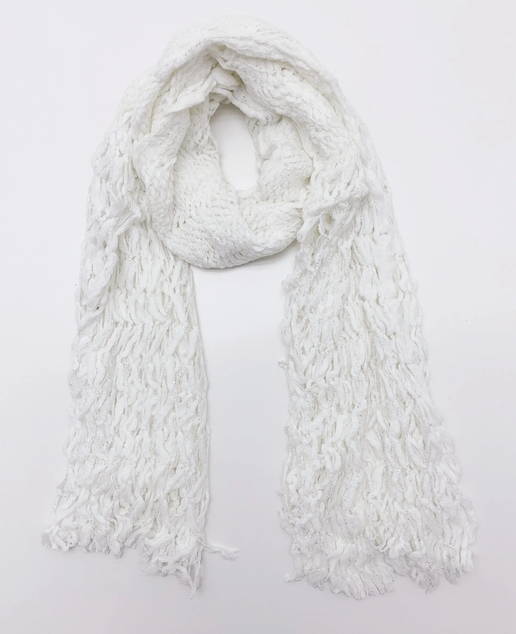 JC051801A Knitted Metallic Sparkle Fringe Scarf
