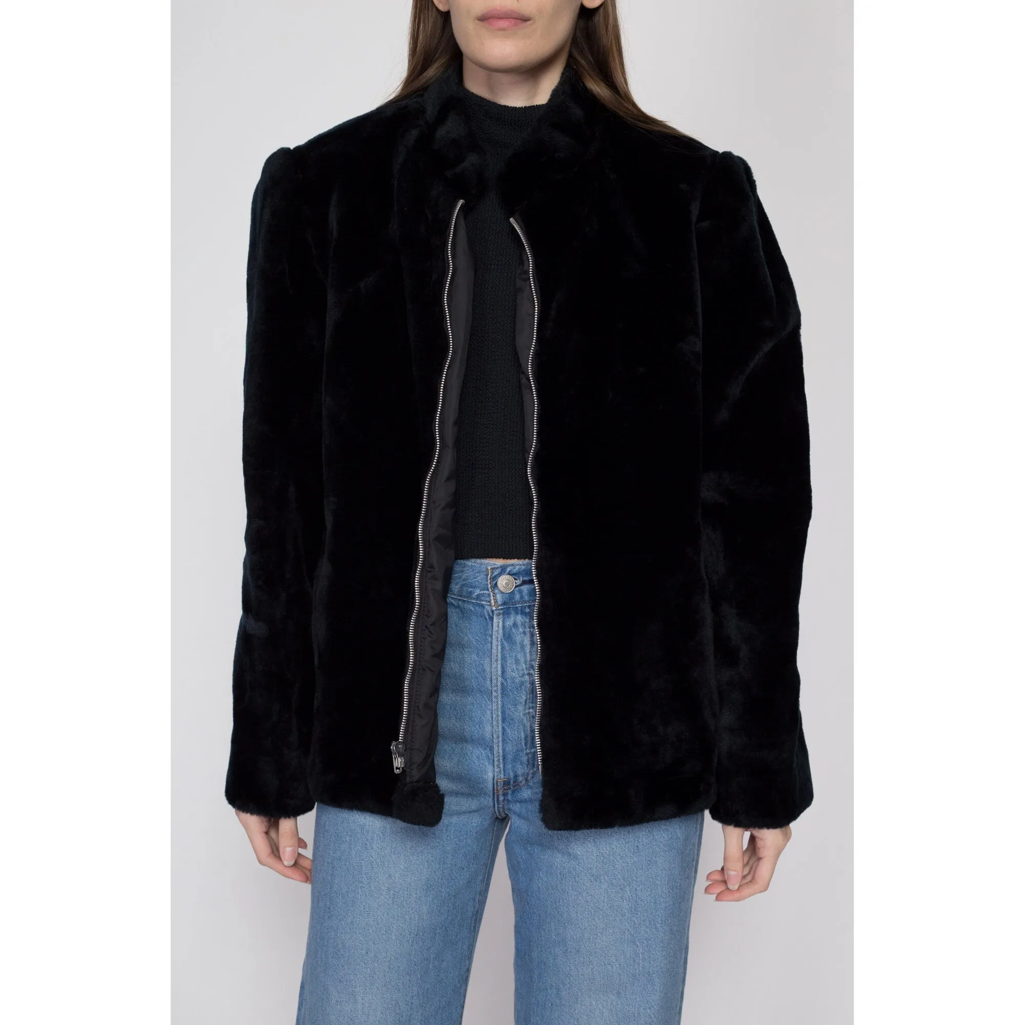 Large 70s 80s Weather Tamer Black Faux Fur Teddy Coat