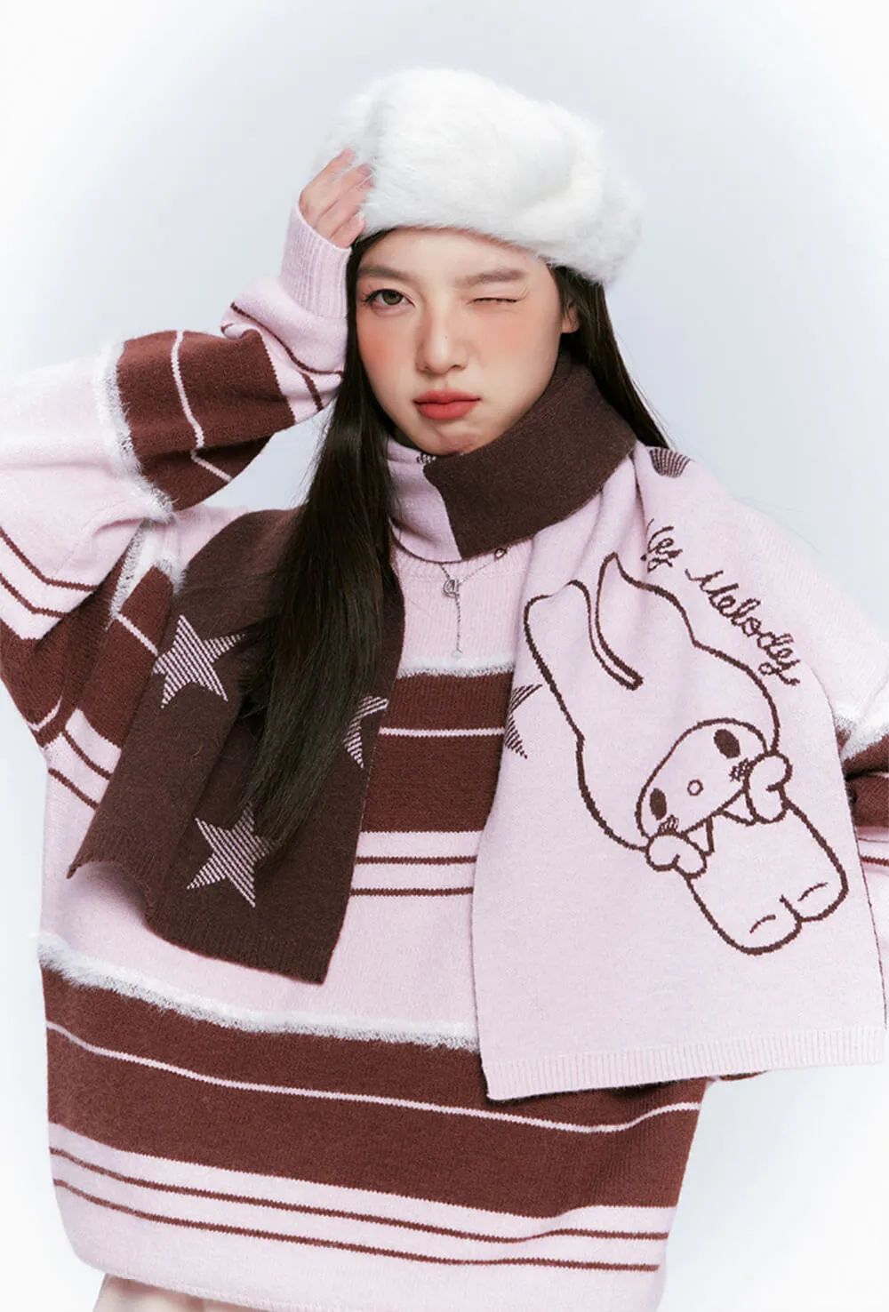 My Melody Star Graphic Pink and Brown Scarf