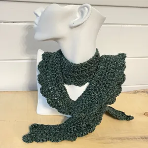Narrow Scalloped Wrap Scarf Marbled Evergreen Crochet Knit Handmade Fall Winter