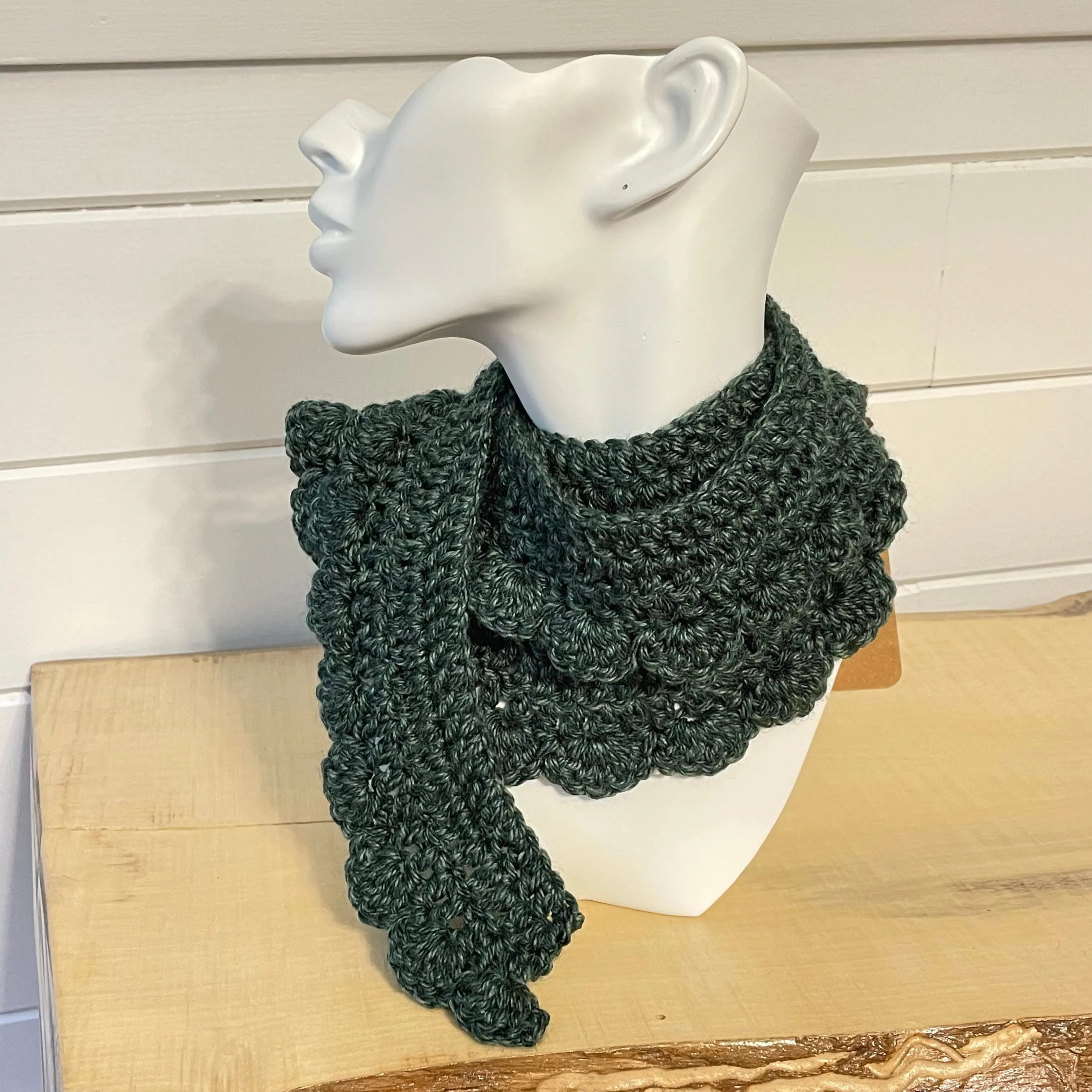 Narrow Scalloped Wrap Scarf Marbled Evergreen Crochet Knit Handmade Fall Winter
