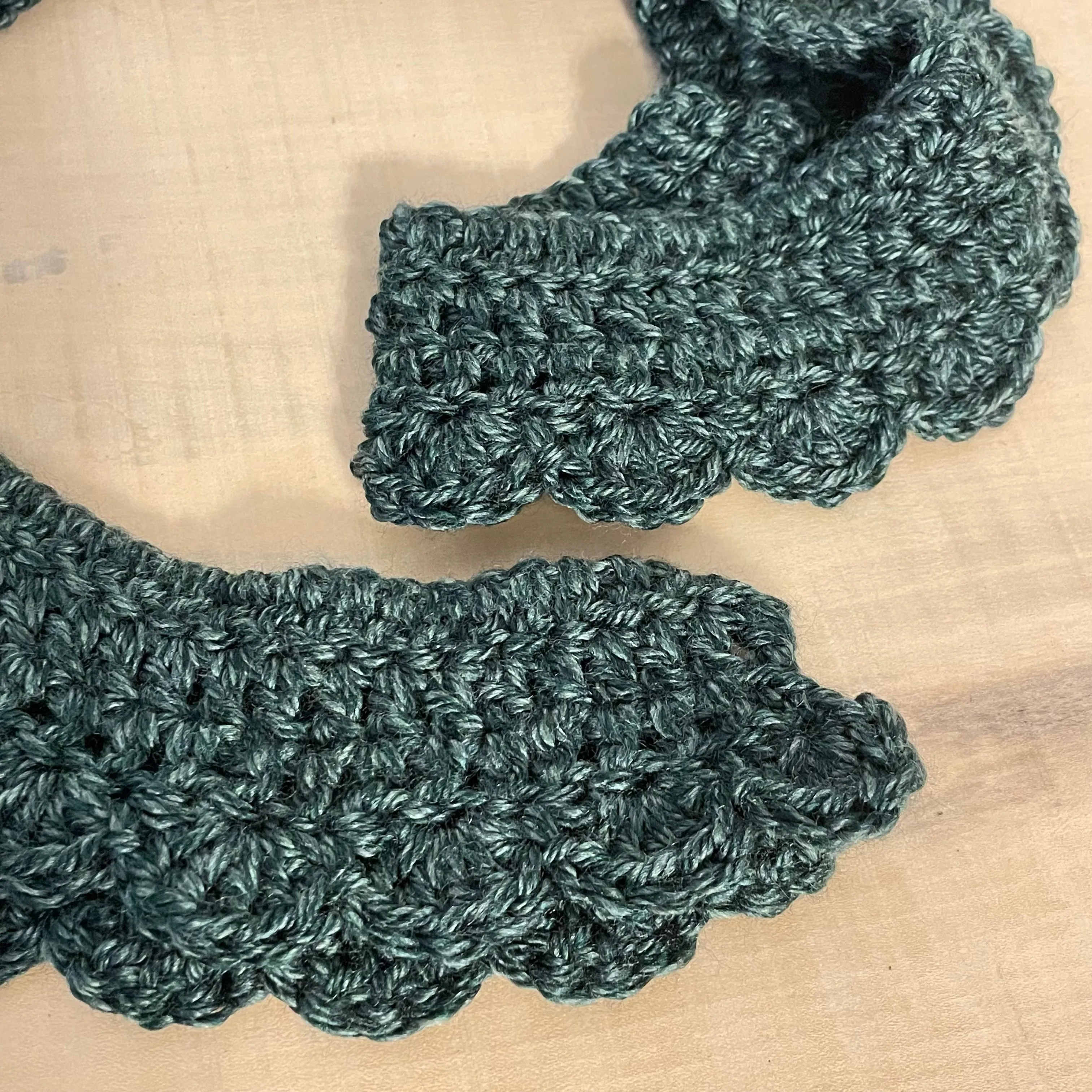 Narrow Scalloped Wrap Scarf Marbled Evergreen Crochet Knit Handmade Fall Winter