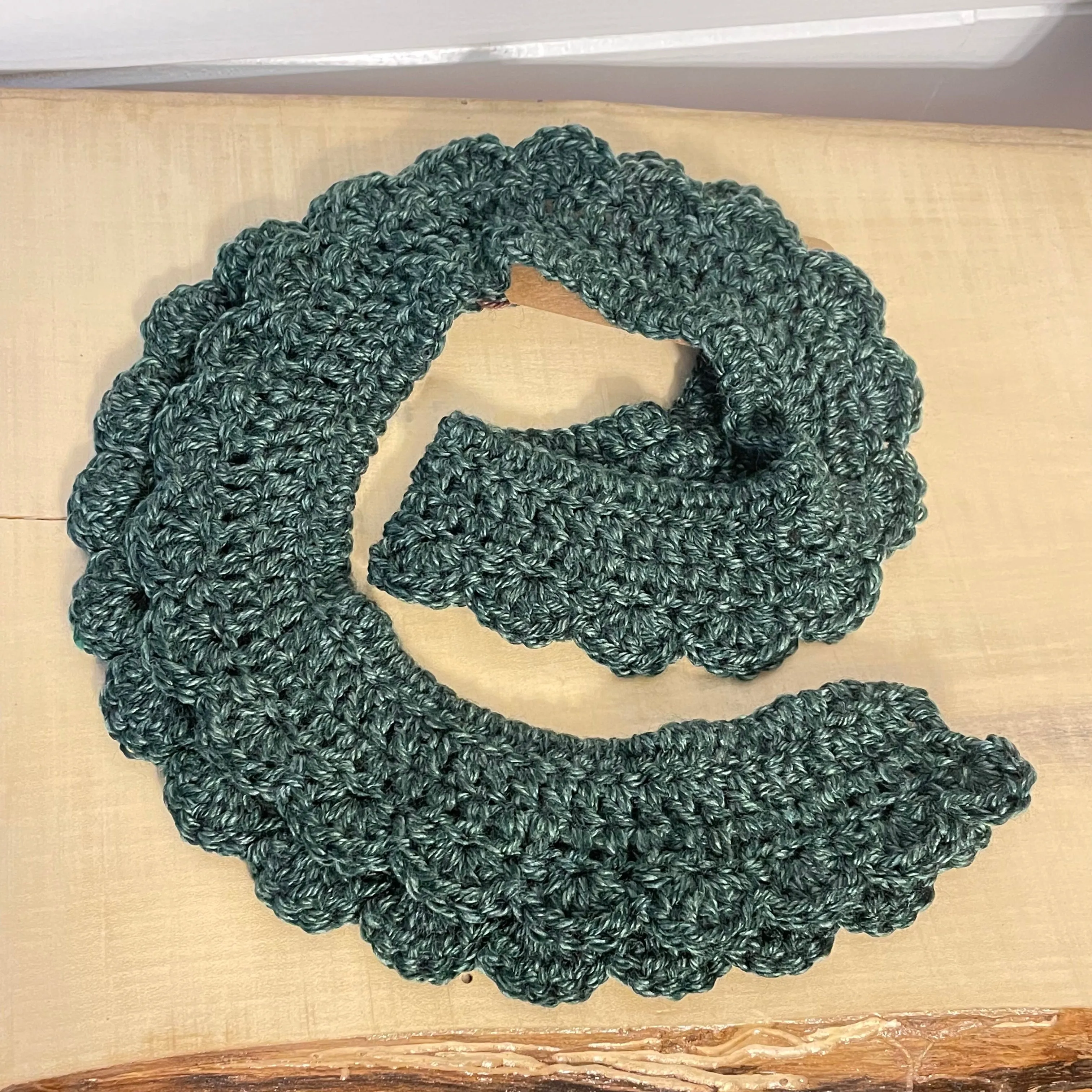 Narrow Scalloped Wrap Scarf Marbled Evergreen Crochet Knit Handmade Fall Winter
