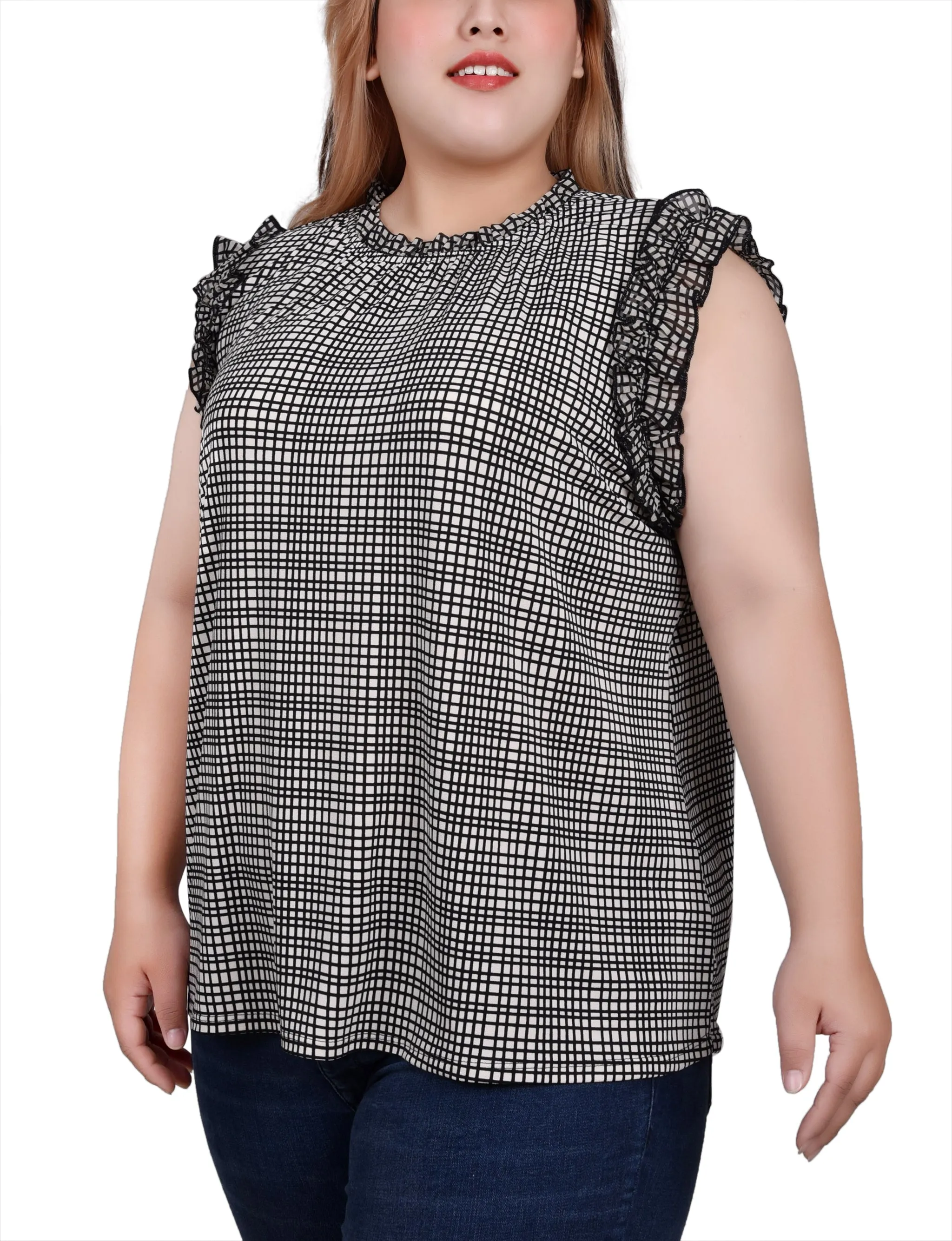 Plus Size Sleeveless Crepe Top With Chiffon Ruffles
