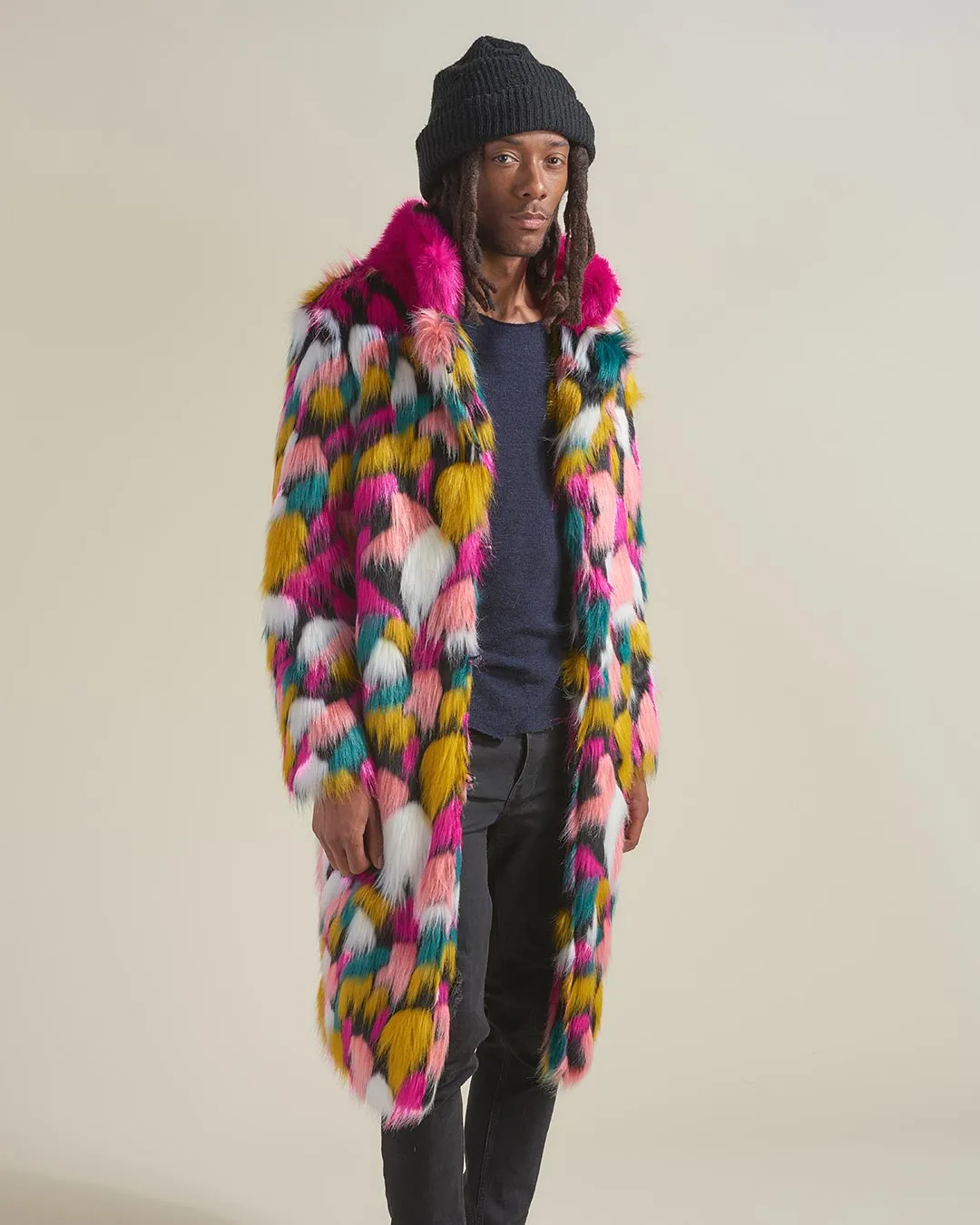 Rainbow Butterfly Calf Length Faux Fur Coat | Men's
