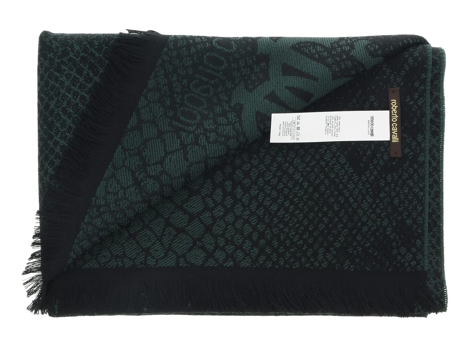 Roberto Cavalli ESZ054 04000 Green Wool Blend Cheetah Print Mens Scarf