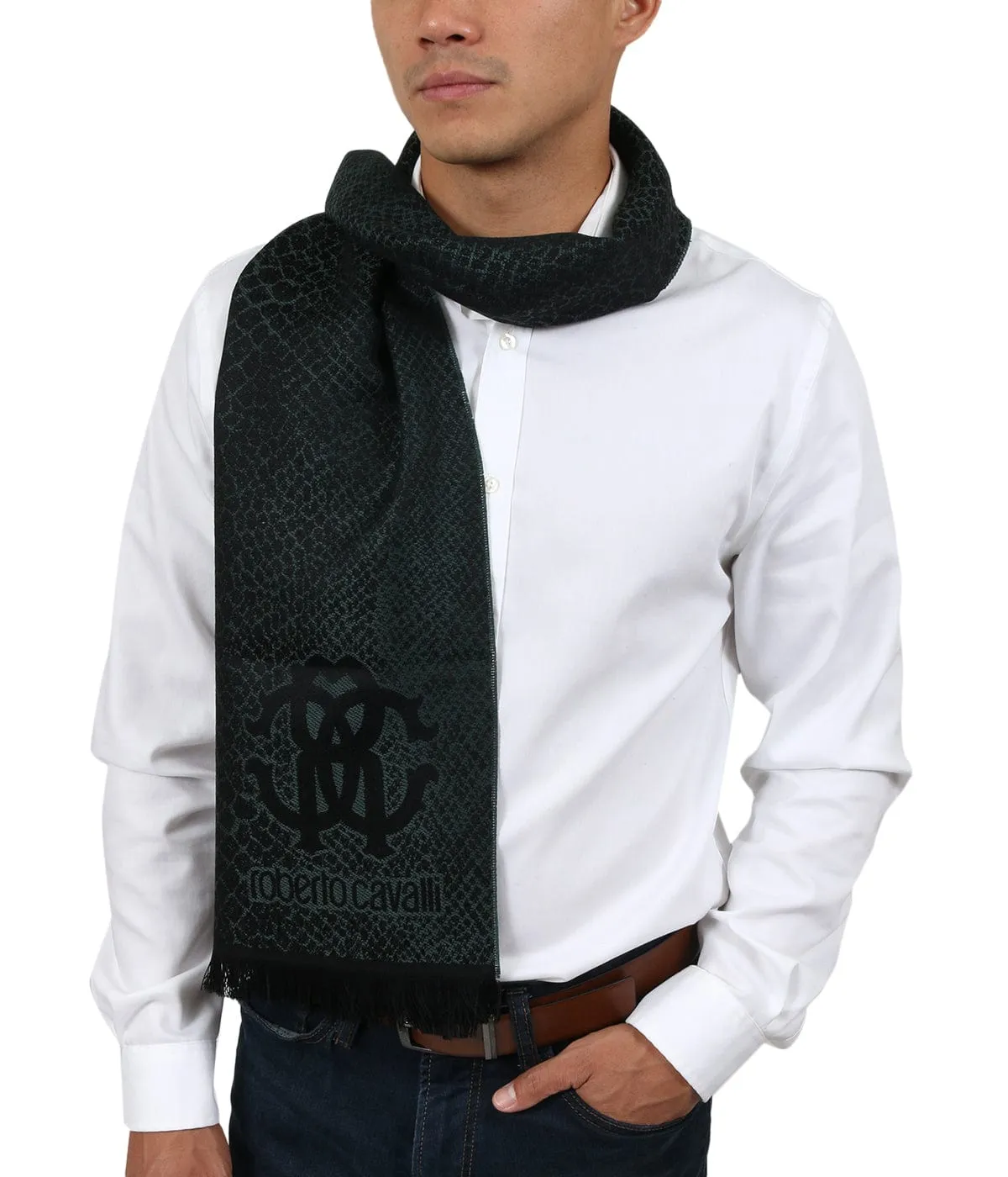 Roberto Cavalli ESZ054 04000 Green Wool Blend Cheetah Print Mens Scarf