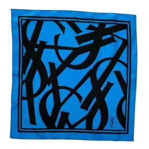 Saint Laurent Black Turquoise YSL Logo Print Silk Scarf