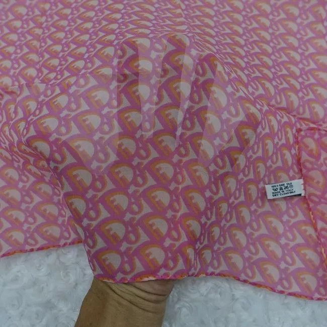 SOLD - Dior Pink White Orange Trotter Logo Print Silk Scarf