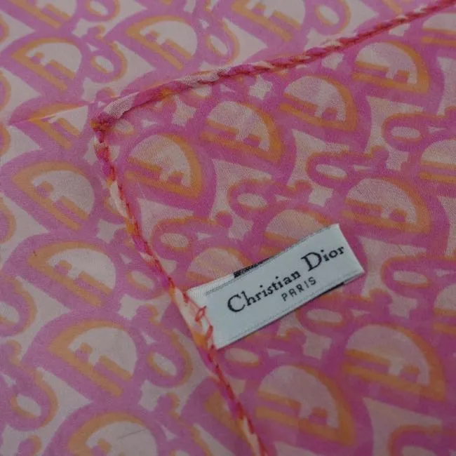 SOLD - Dior Pink White Orange Trotter Logo Print Silk Scarf