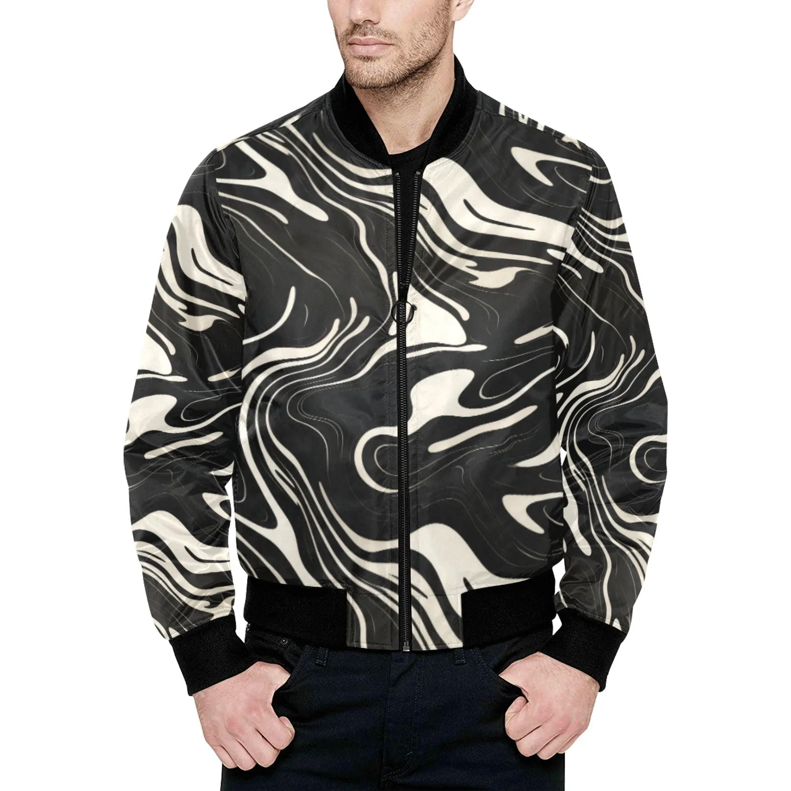 Suminagashi Tattoo Art Style Black Floating Ink Quilted Bomber Jacket