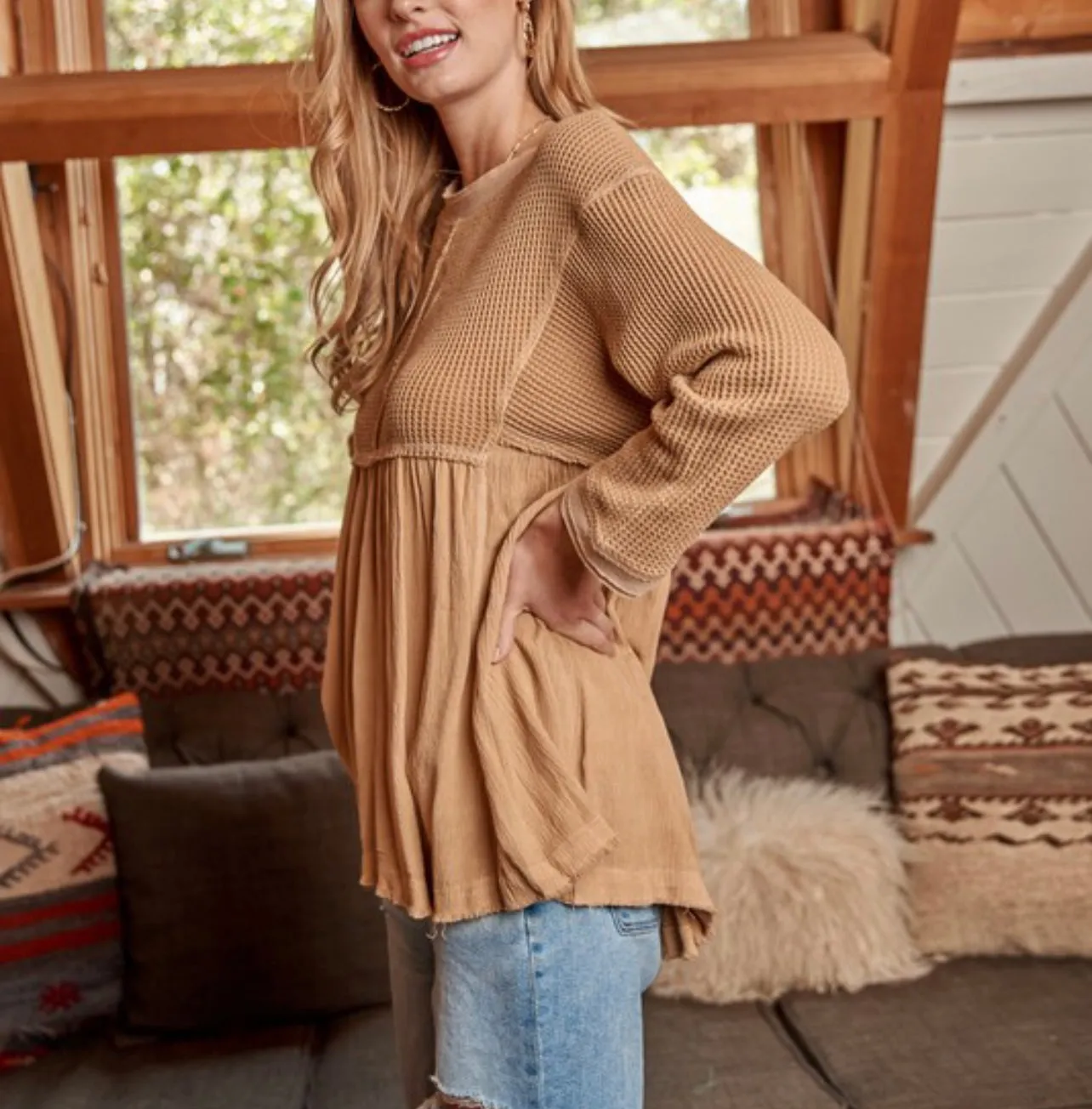 Taupe Thermal Knit Babydoll Top
