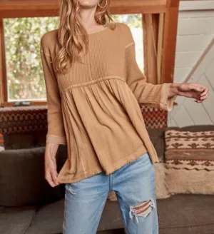 Taupe Thermal Knit Babydoll Top