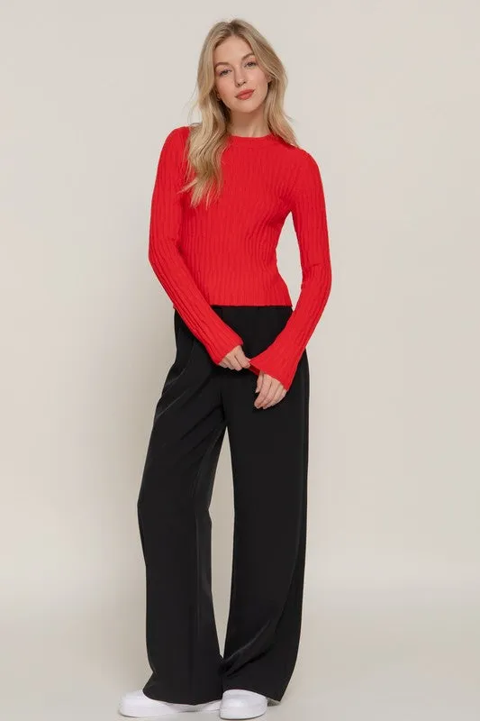 Toni Long Sleeve Ribbed Sweater Top Red