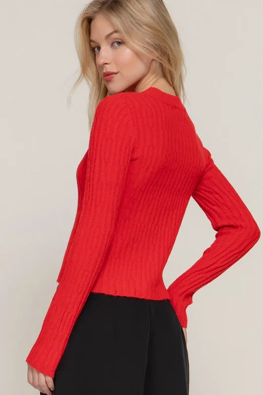 Toni Long Sleeve Ribbed Sweater Top Red