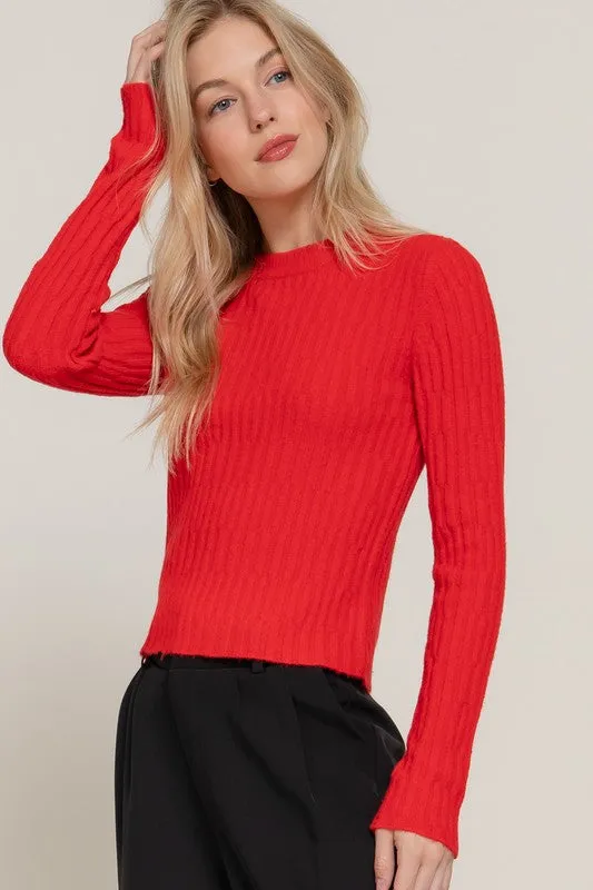 Toni Long Sleeve Ribbed Sweater Top Red