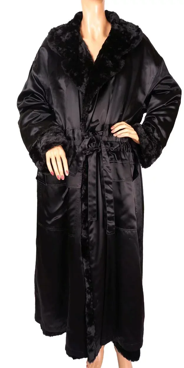 Vintage 1990s Sonia Rykiel Black Faux Fur and Satin Reversible Coat - L
