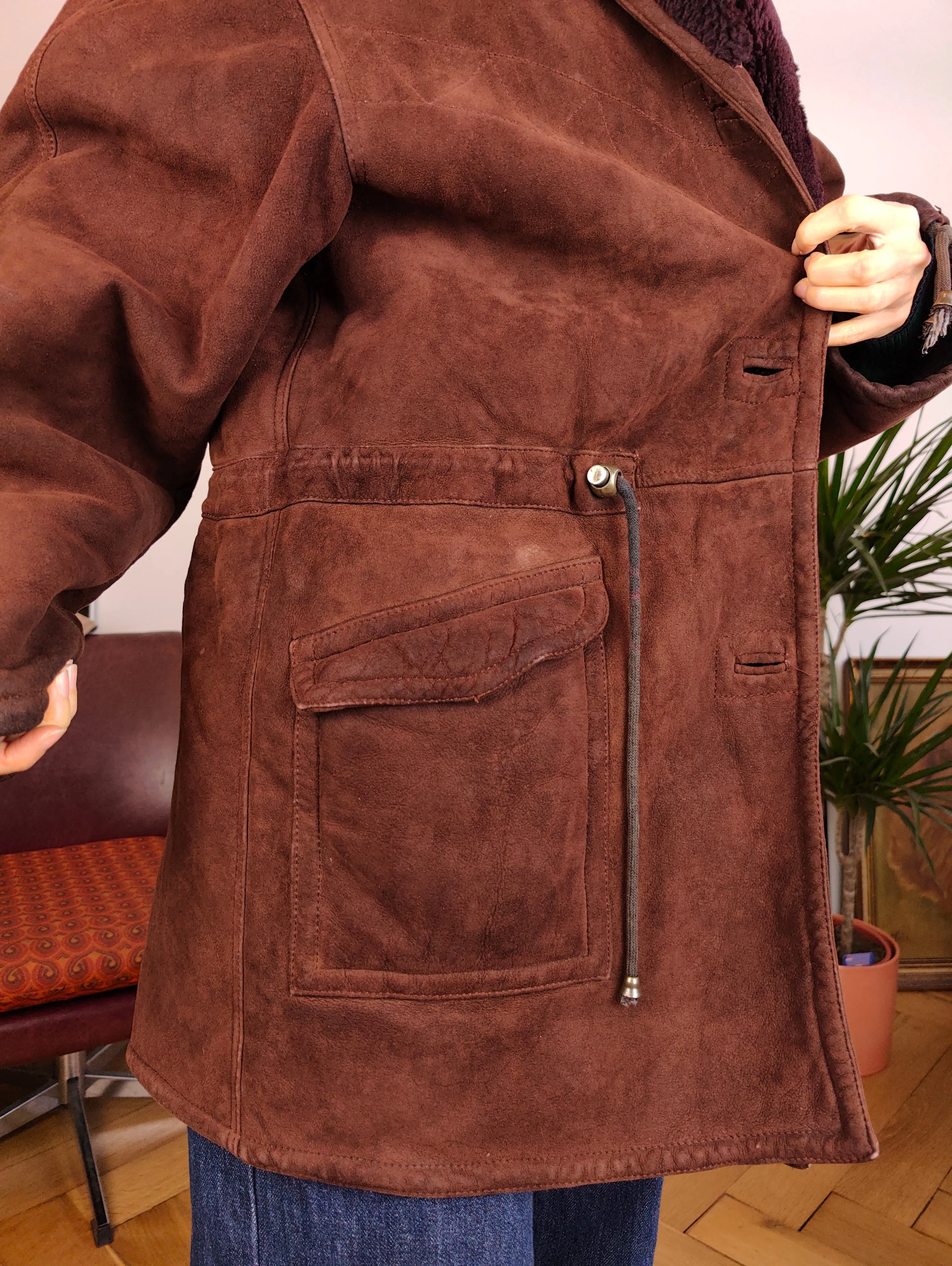 Vintage genuine shearling leather coat hood hoodie red brown sheepskin lambskin suede sherpa Italy IT46 S-M