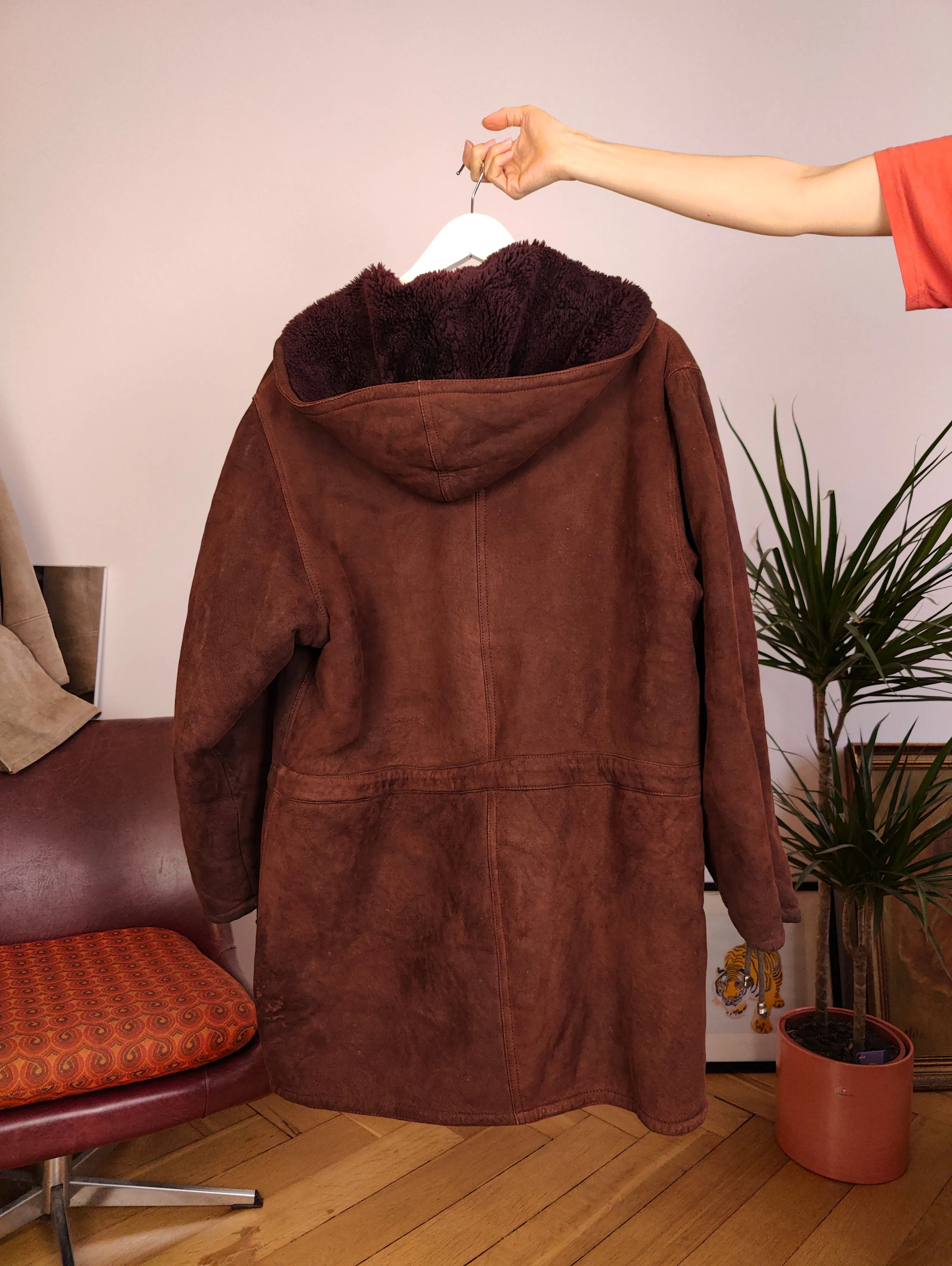Vintage genuine shearling leather coat hood hoodie red brown sheepskin lambskin suede sherpa Italy IT46 S-M