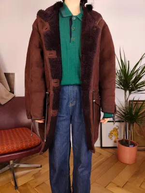 Vintage genuine shearling leather coat hood hoodie red brown sheepskin lambskin suede sherpa Italy IT46 S-M