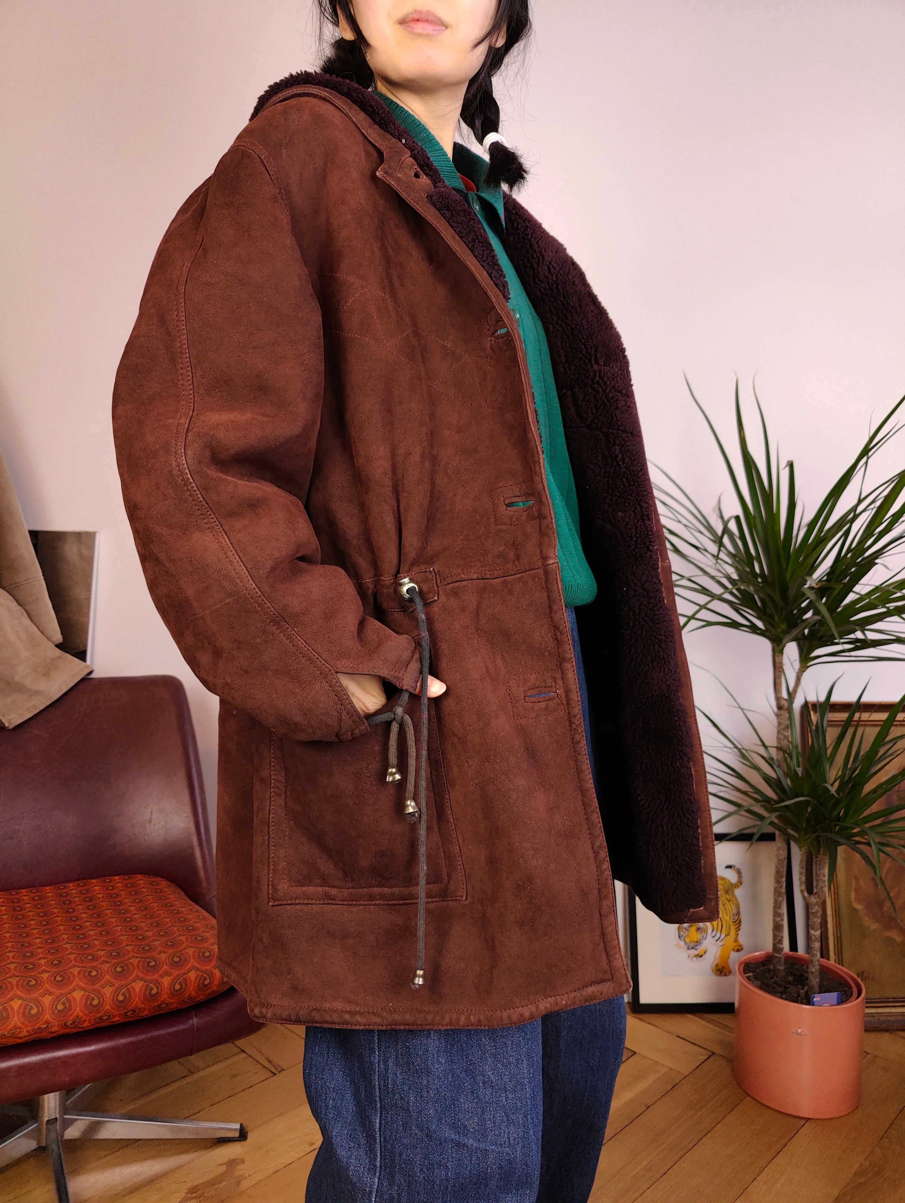 Vintage genuine shearling leather coat hood hoodie red brown sheepskin lambskin suede sherpa Italy IT46 S-M