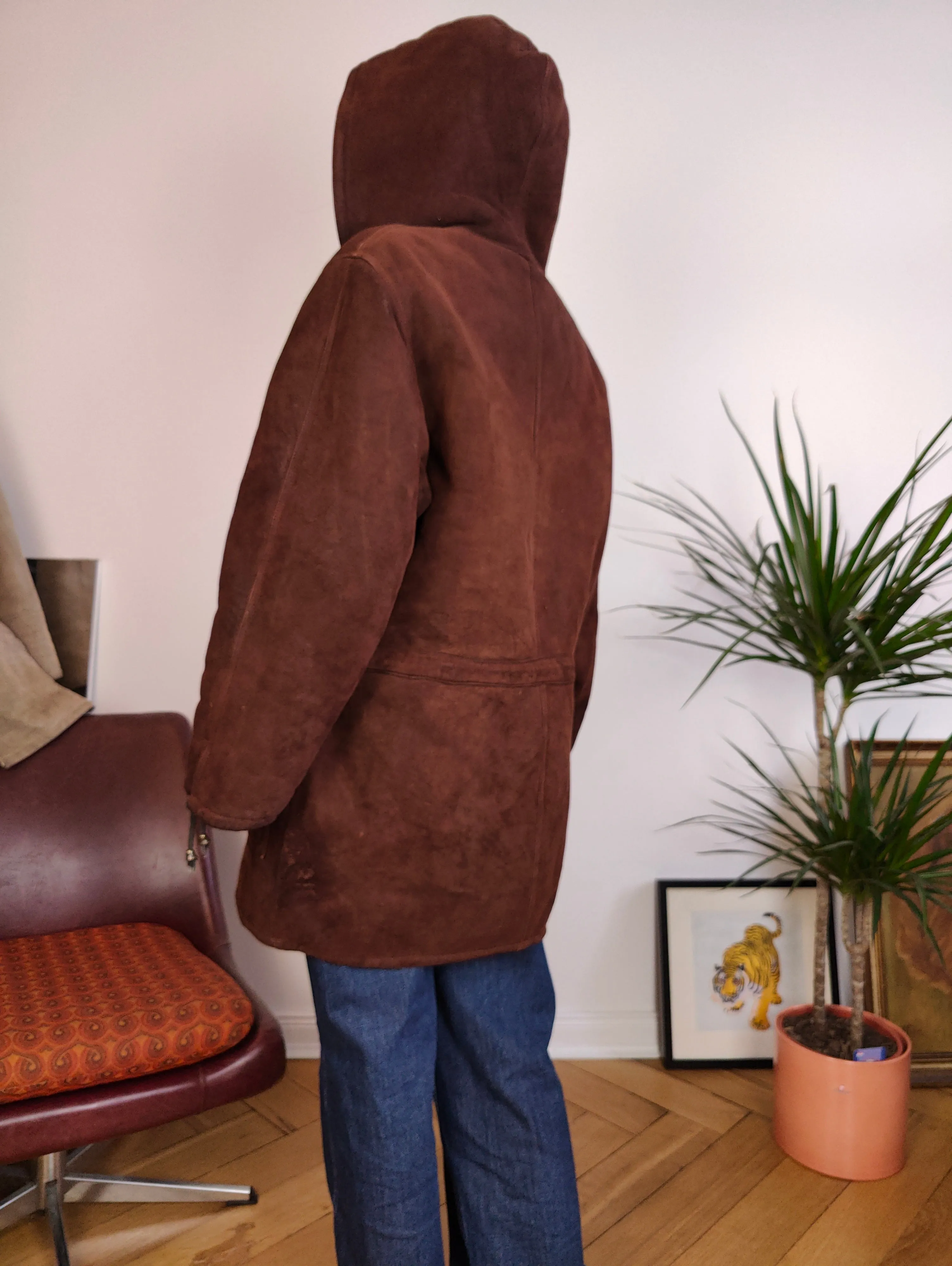 Vintage genuine shearling leather coat hood hoodie red brown sheepskin lambskin suede sherpa Italy IT46 S-M