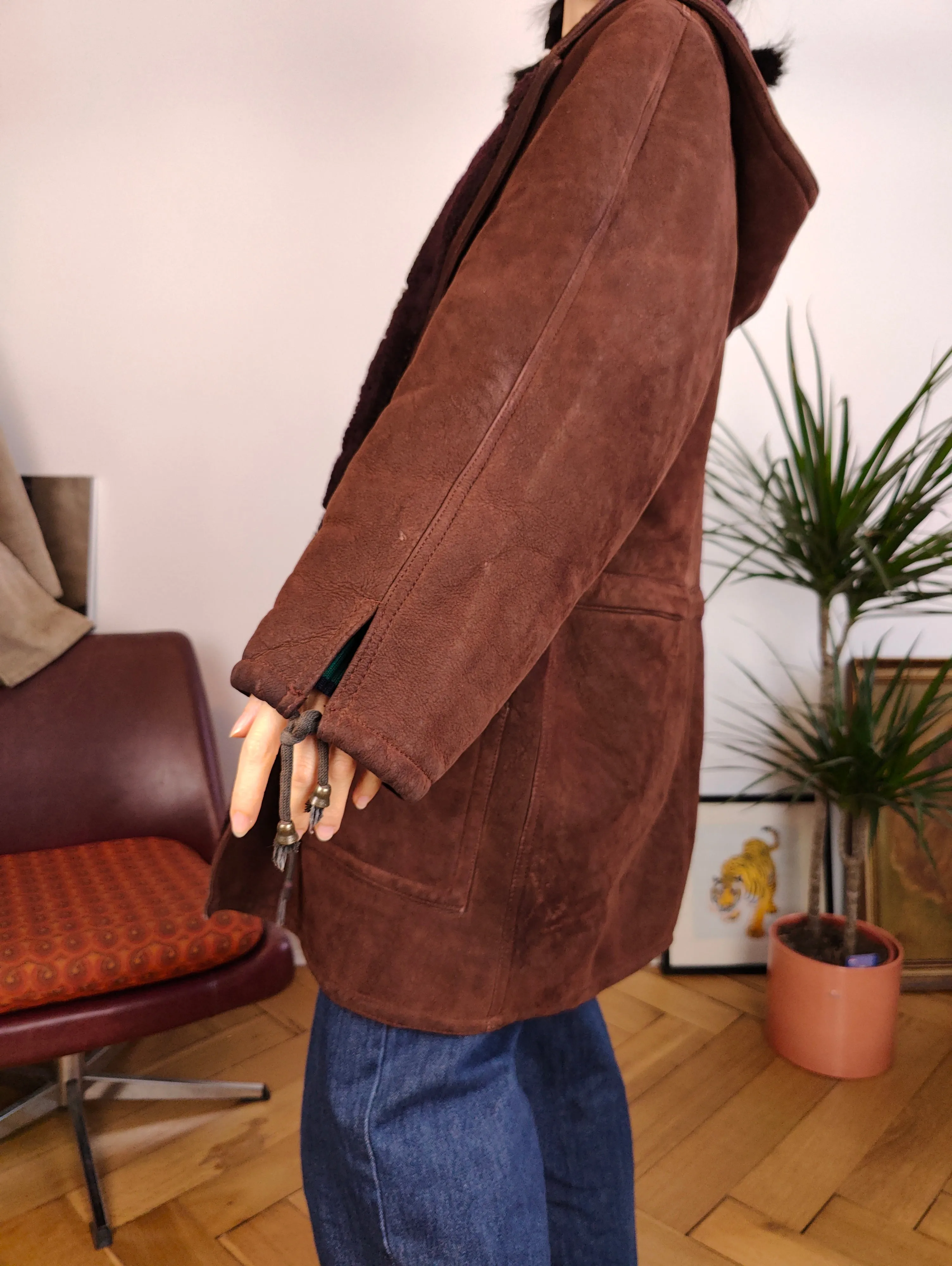 Vintage genuine shearling leather coat hood hoodie red brown sheepskin lambskin suede sherpa Italy IT46 S-M