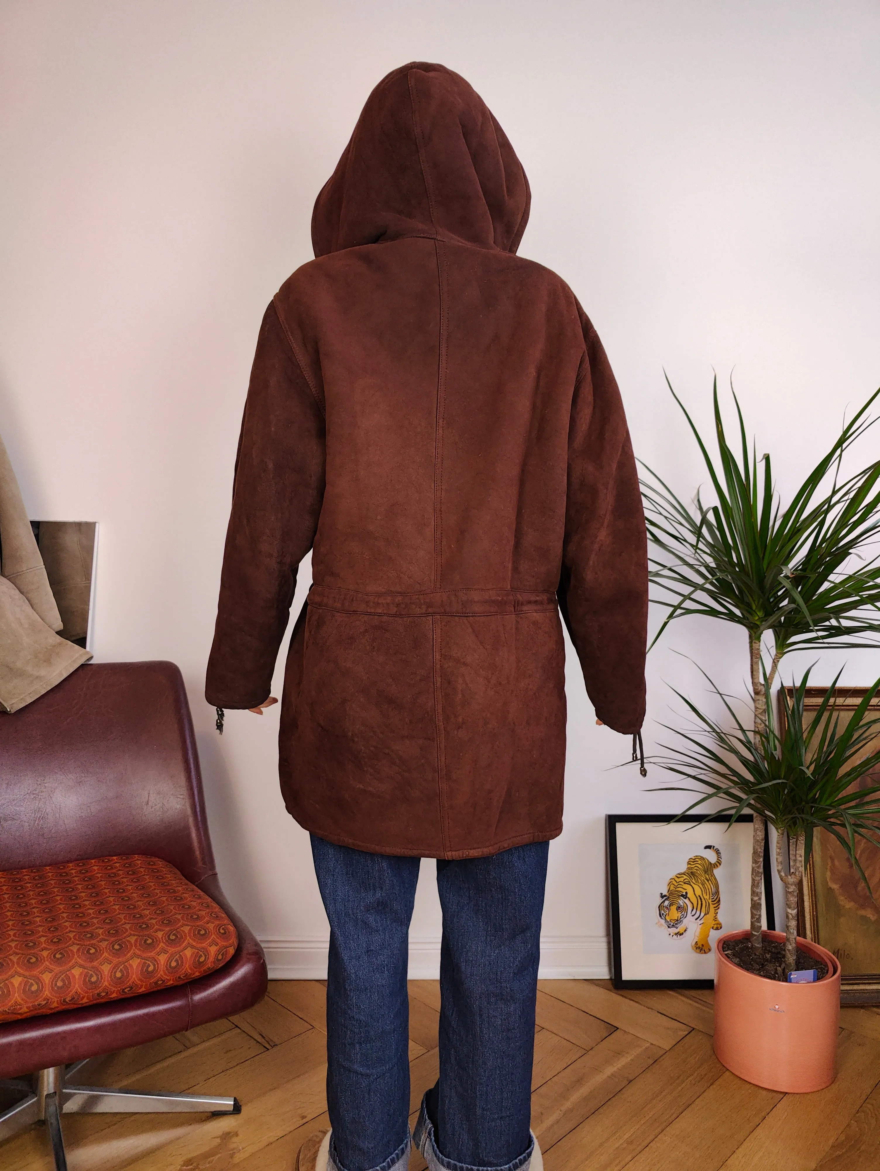 Vintage genuine shearling leather coat hood hoodie red brown sheepskin lambskin suede sherpa Italy IT46 S-M