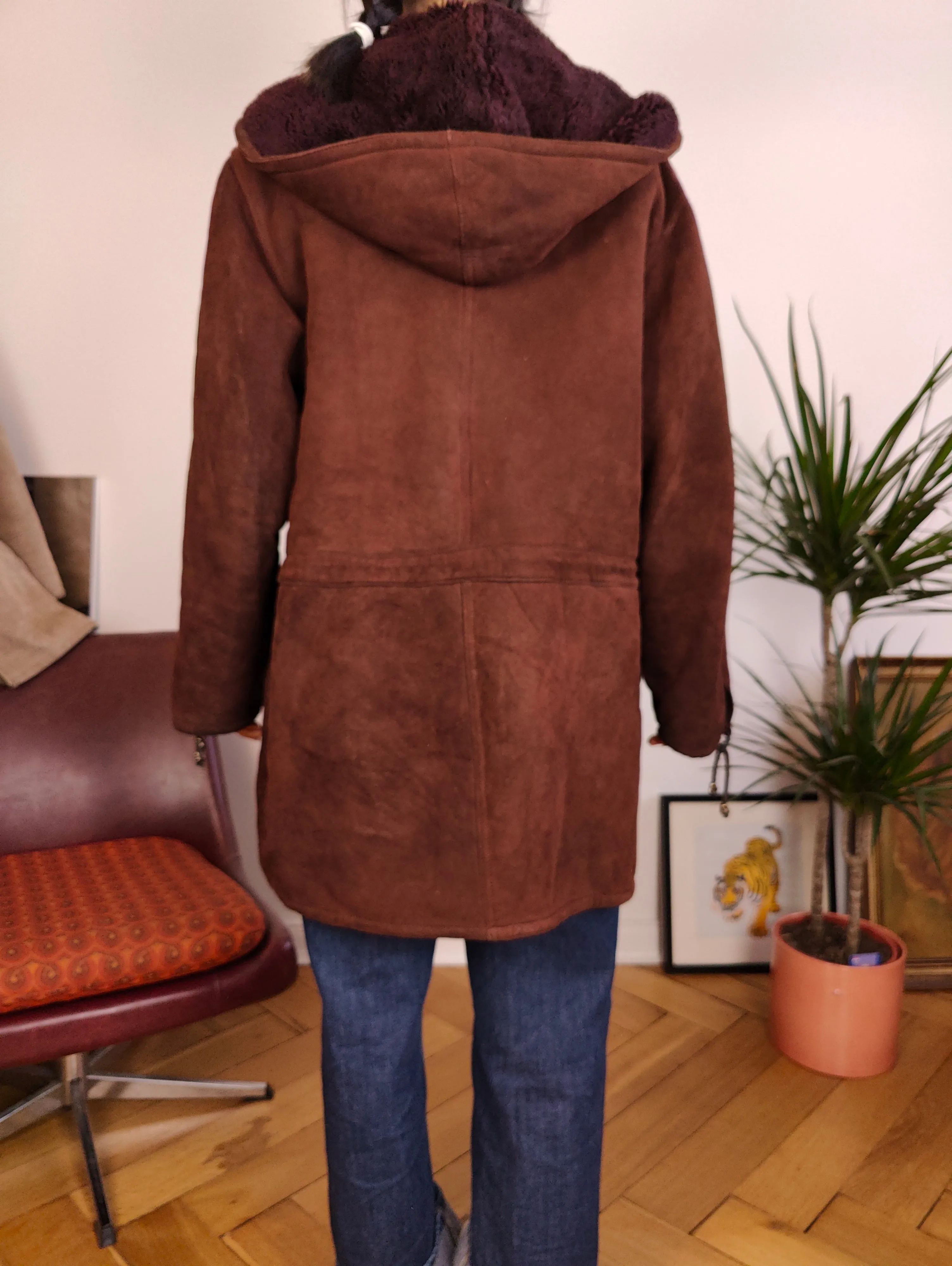 Vintage genuine shearling leather coat hood hoodie red brown sheepskin lambskin suede sherpa Italy IT46 S-M
