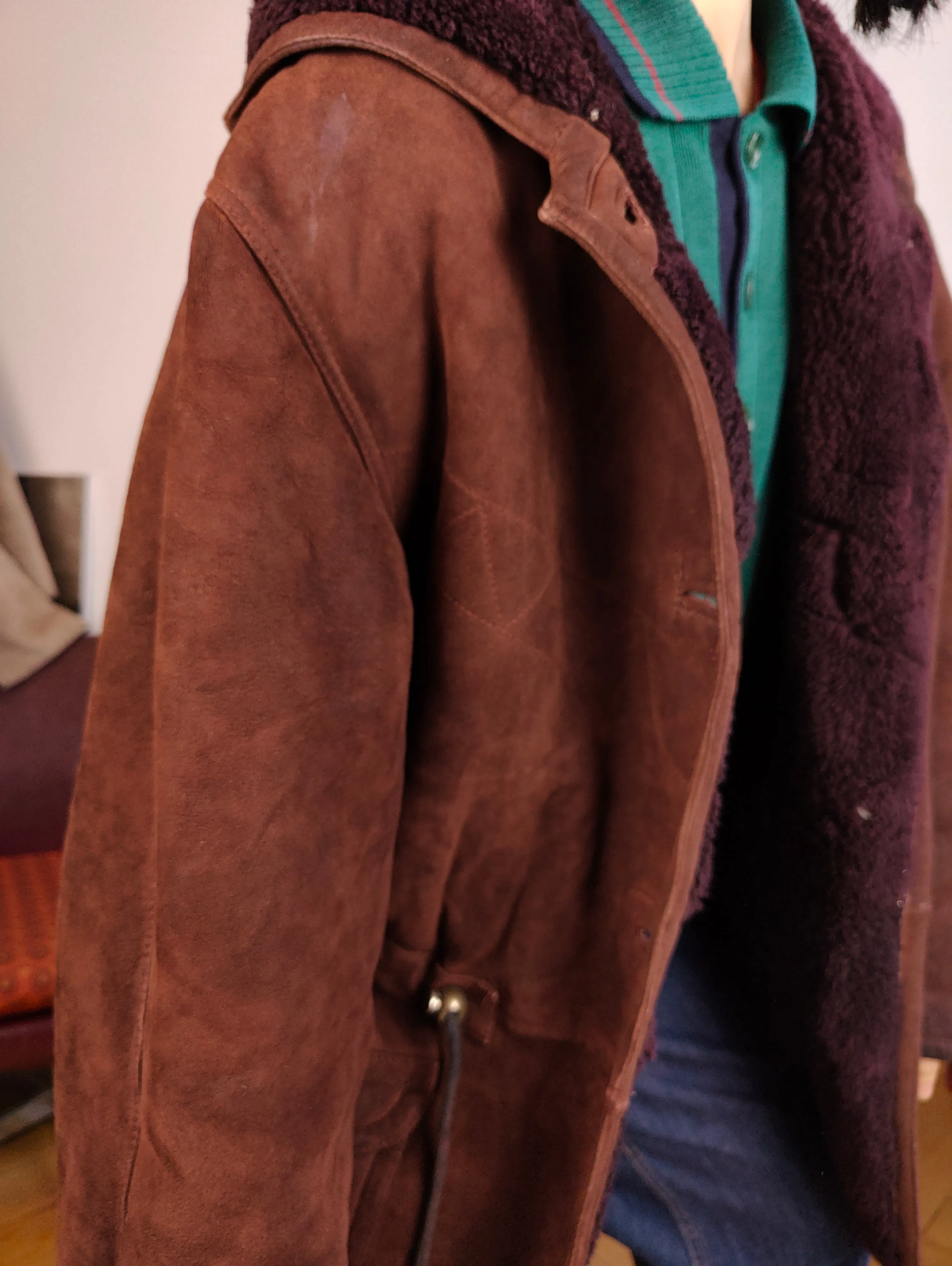 Vintage genuine shearling leather coat hood hoodie red brown sheepskin lambskin suede sherpa Italy IT46 S-M