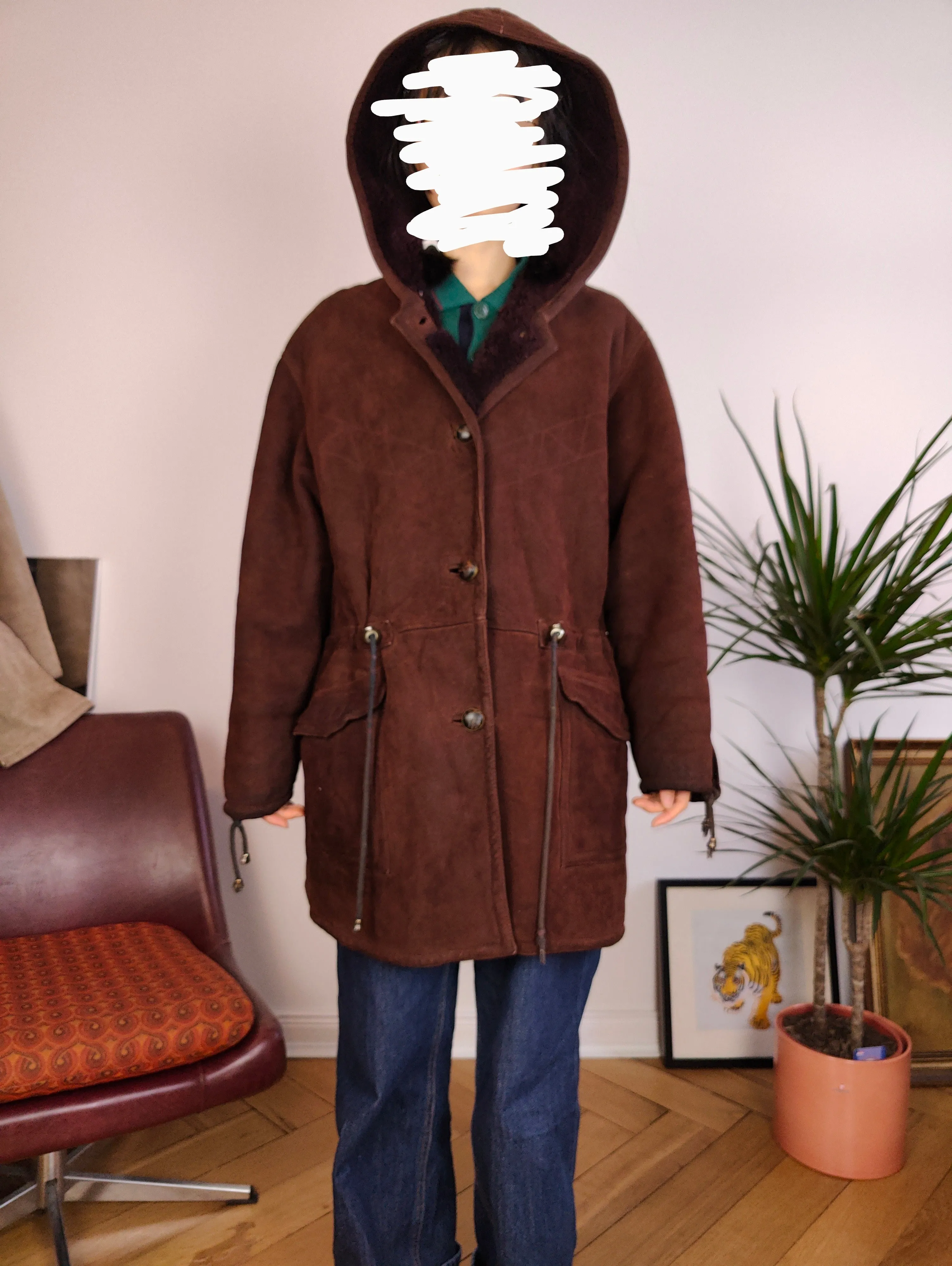 Vintage genuine shearling leather coat hood hoodie red brown sheepskin lambskin suede sherpa Italy IT46 S-M