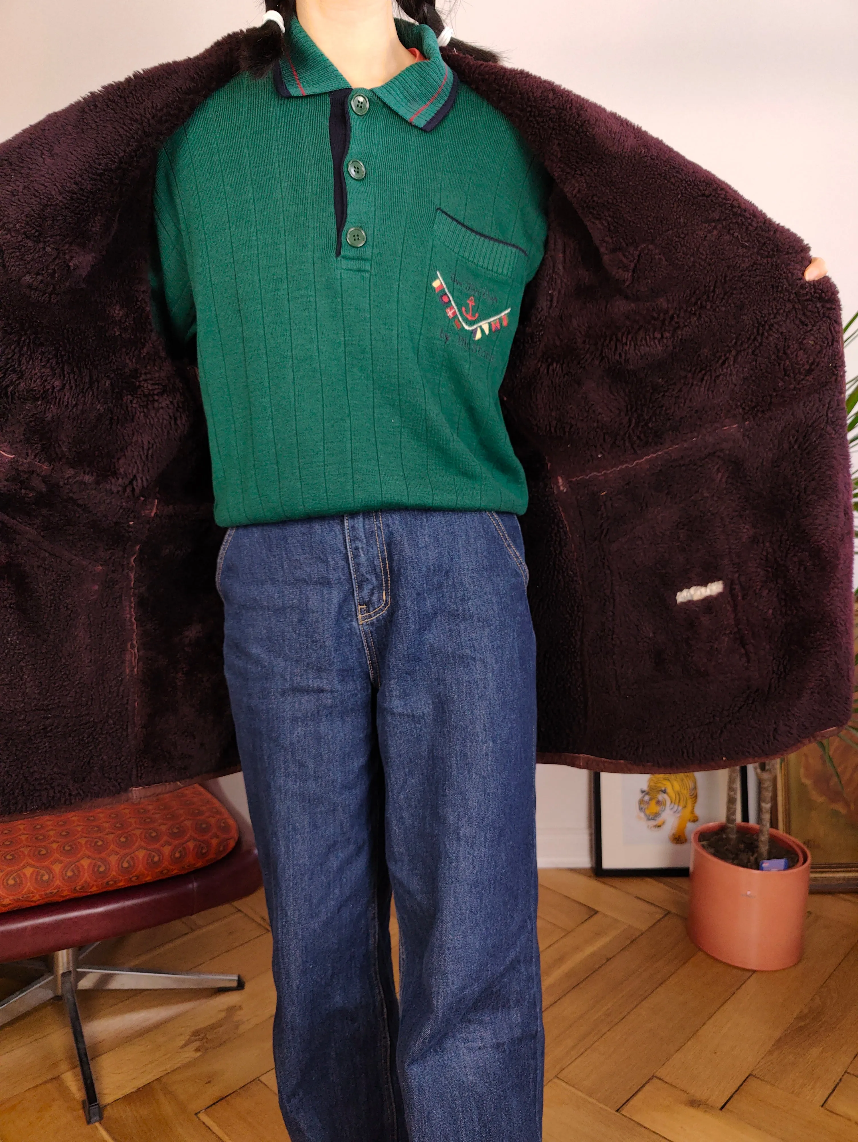 Vintage genuine shearling leather coat hood hoodie red brown sheepskin lambskin suede sherpa Italy IT46 S-M
