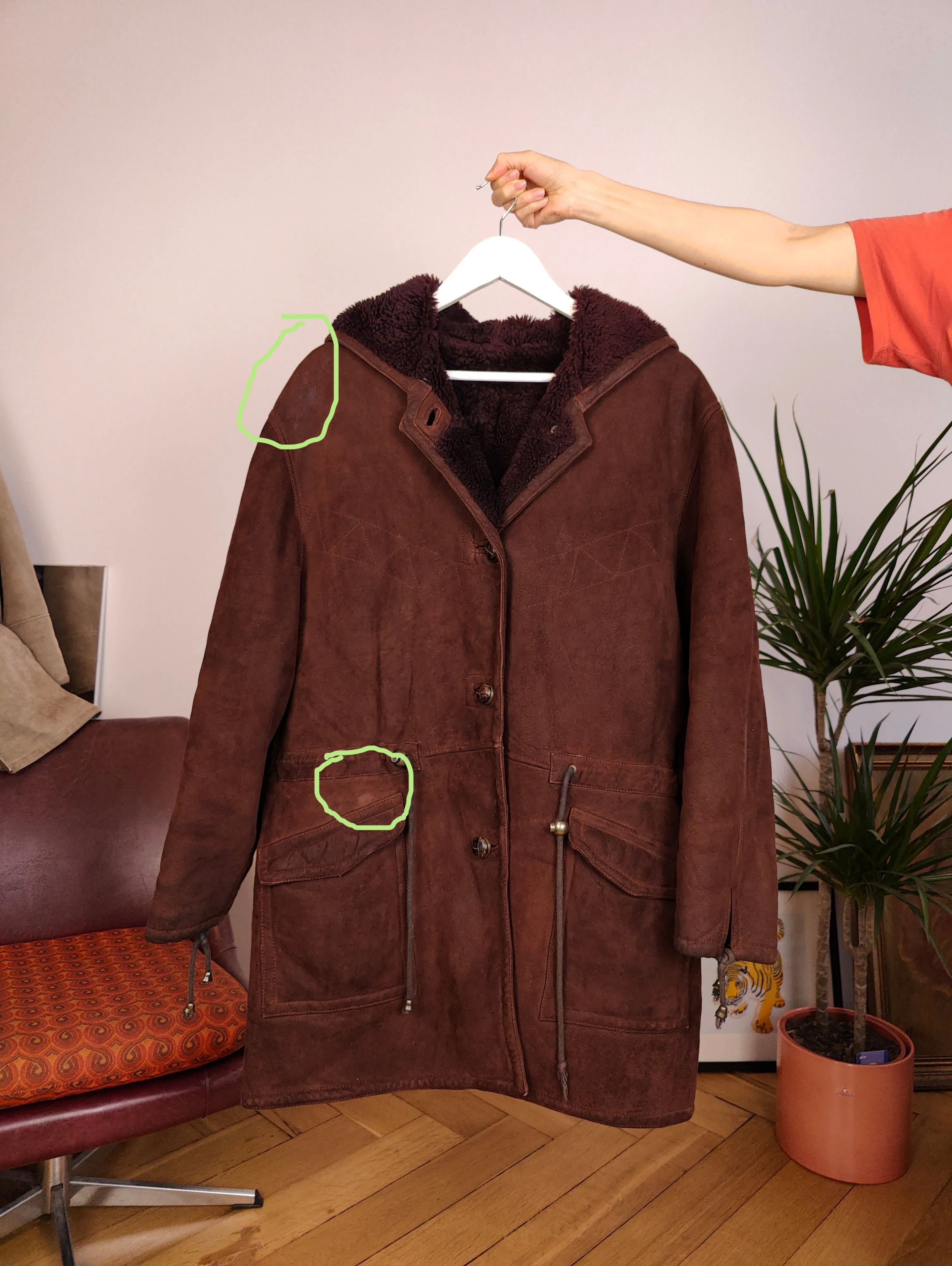 Vintage genuine shearling leather coat hood hoodie red brown sheepskin lambskin suede sherpa Italy IT46 S-M