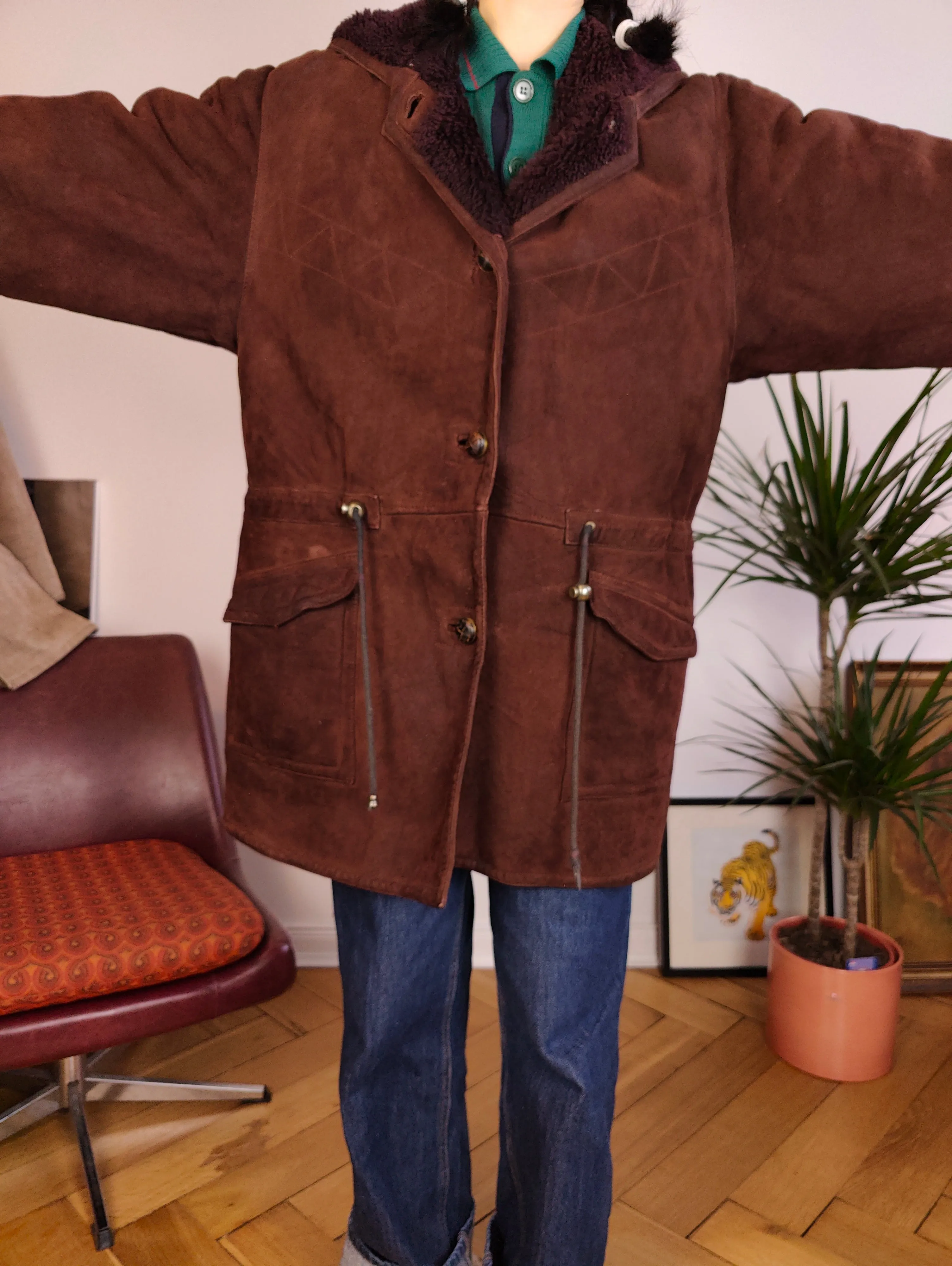 Vintage genuine shearling leather coat hood hoodie red brown sheepskin lambskin suede sherpa Italy IT46 S-M