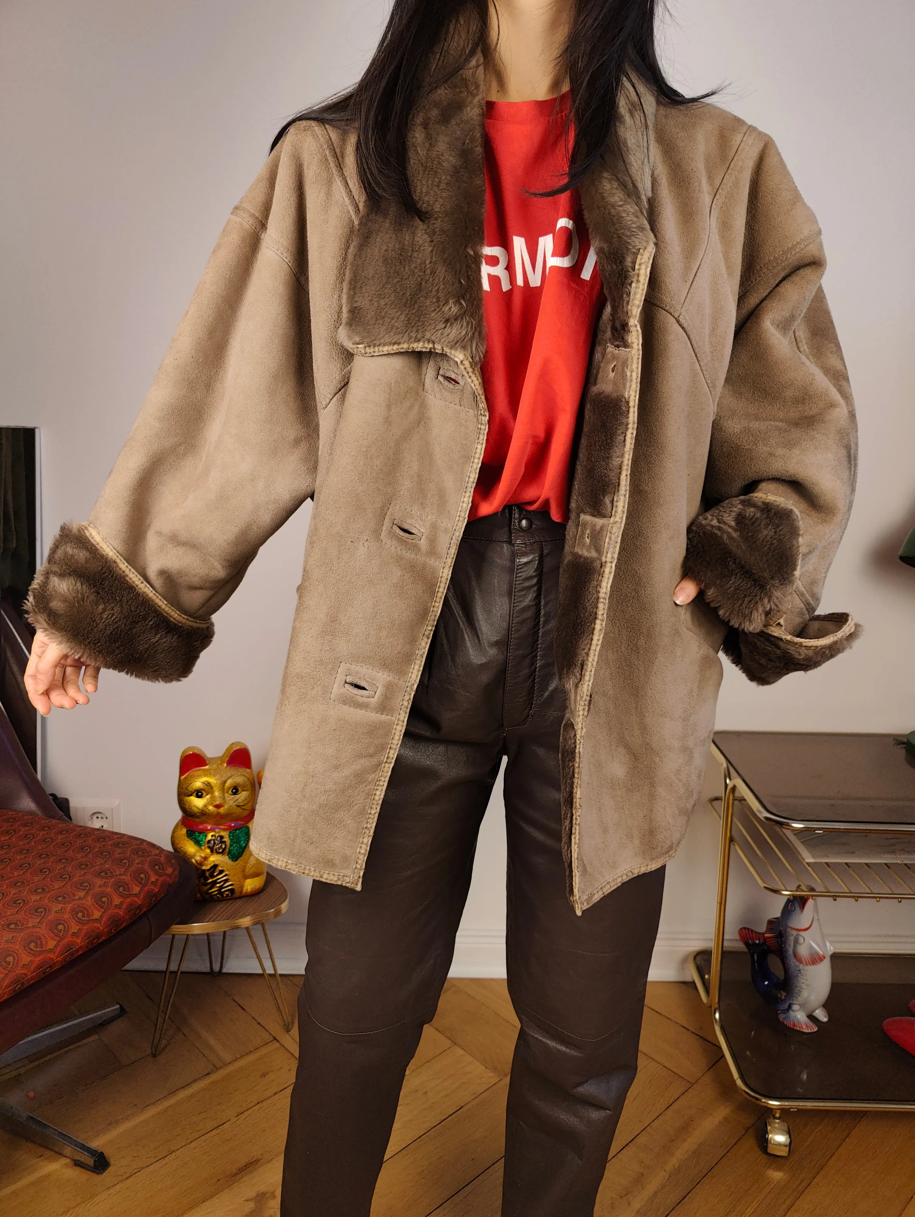 Vintage shearling coat M L | brown coffee lambskin sheepskin leather sherpa jacket women unisex men