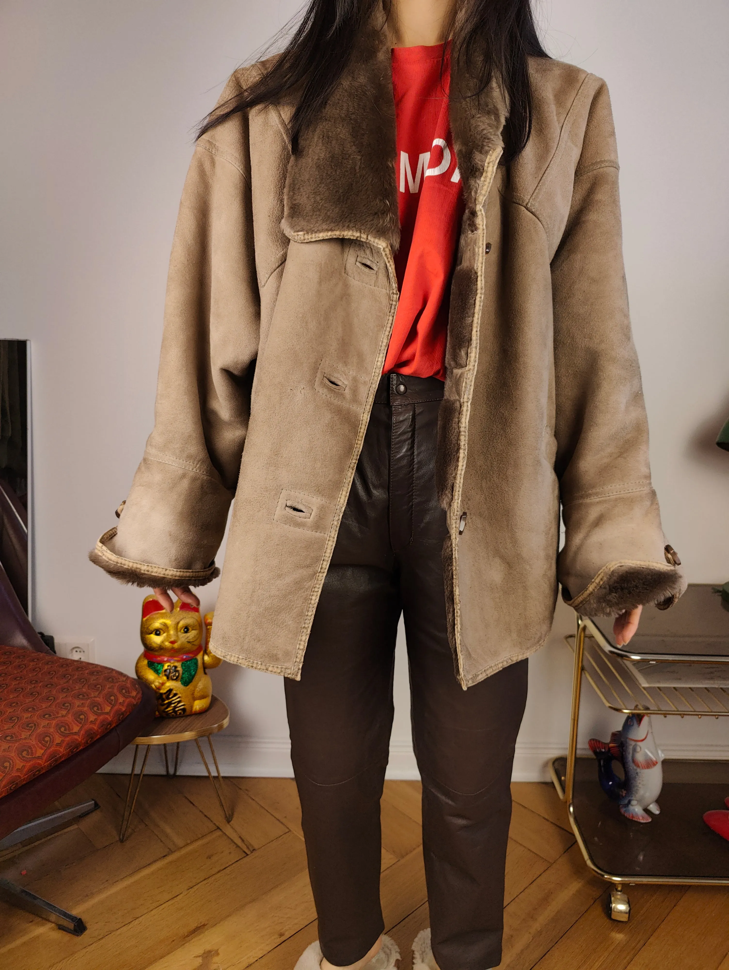 Vintage shearling coat M L | brown coffee lambskin sheepskin leather sherpa jacket women unisex men