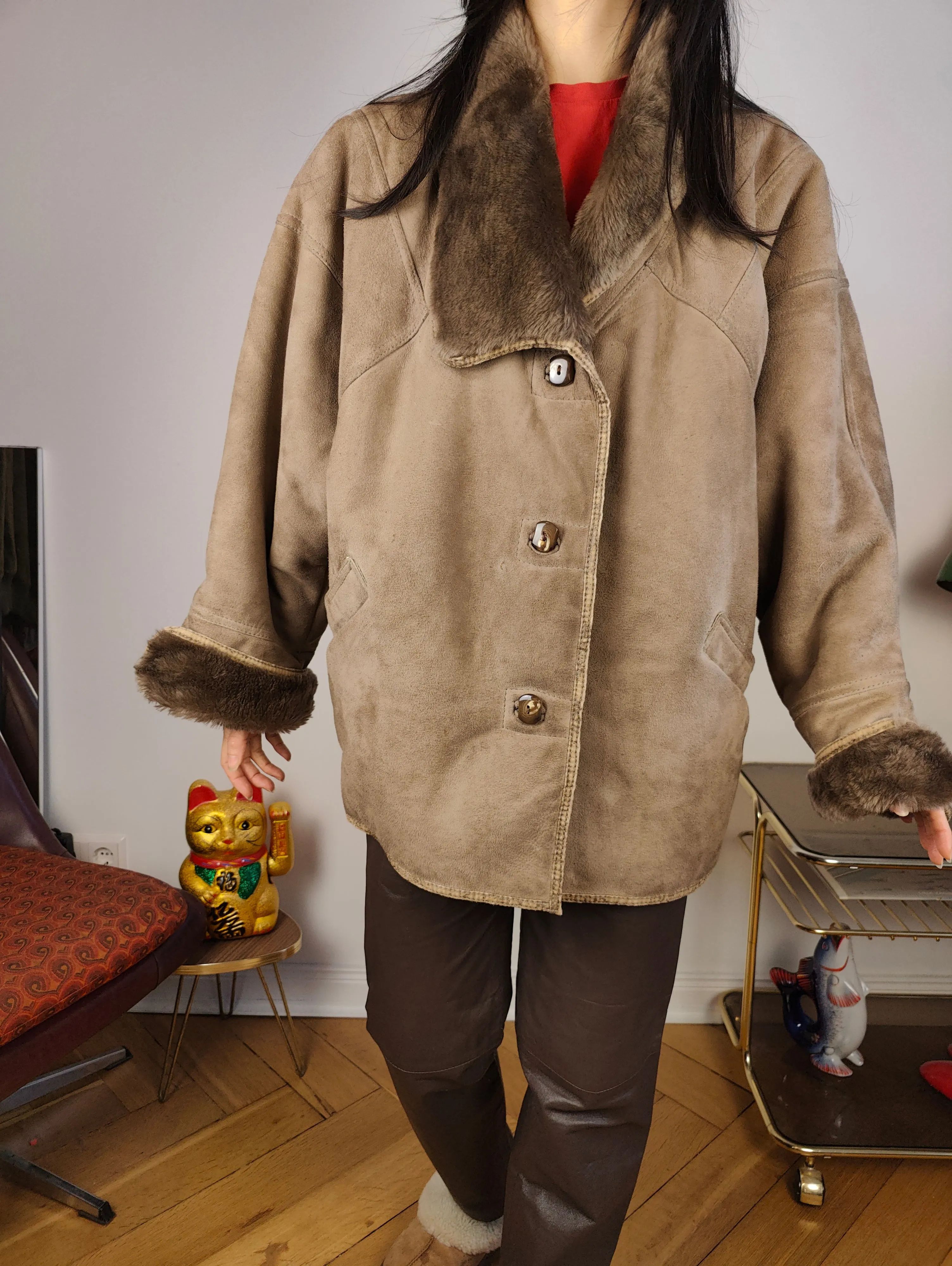 Vintage shearling coat M L | brown coffee lambskin sheepskin leather sherpa jacket women unisex men
